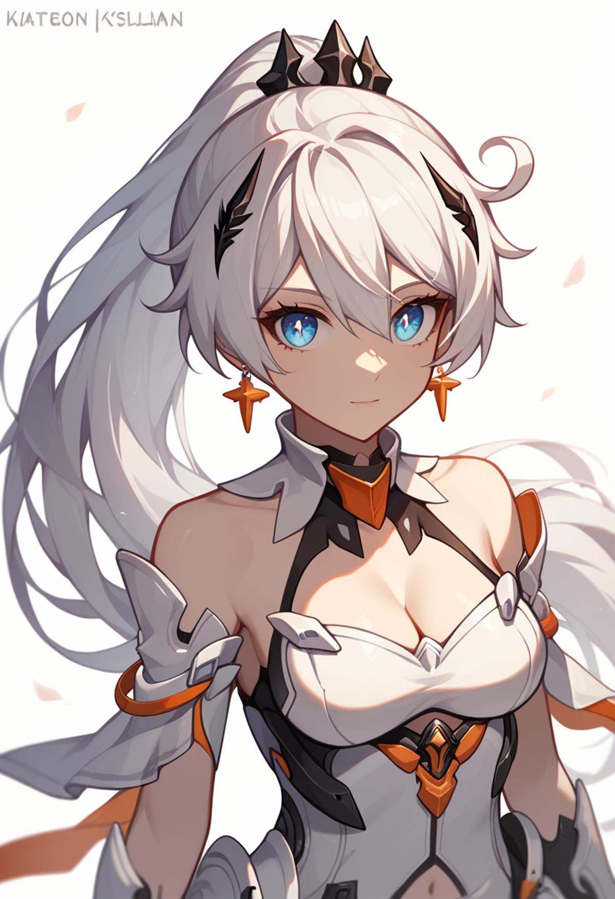 score_9,score_8_up,score_7_up,<lora:honkai_impact_3rd_v1:0.8>,1girl, ahoge, armor, artist_name, bare_shoulders, blue_eyes, character_name, cleavage, earrings, hair_ornament, kiana_kaslana_\(herrscher_of_flamescion\), long_hair, looking_at_viewer, ponytail, simple_background, solo, upper_body, watermark, white_background, white_hair