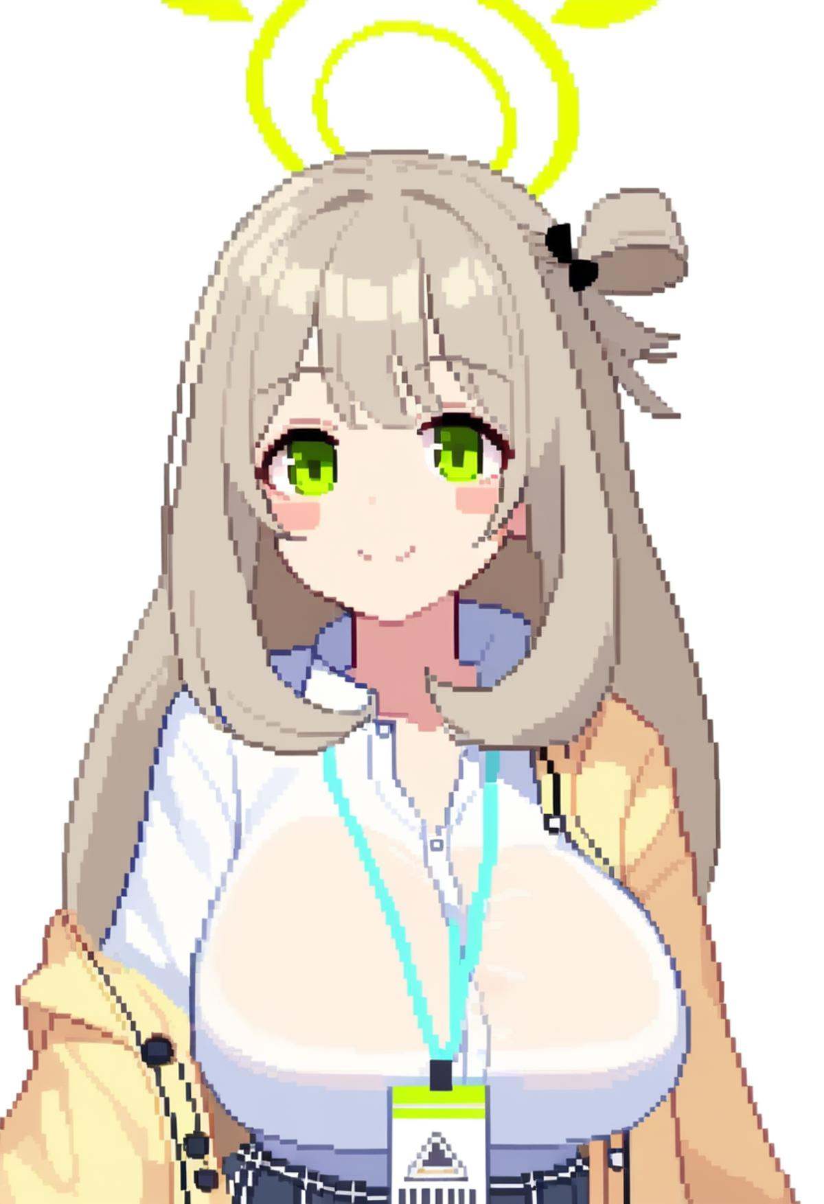 masterpiece,best quality,very aesthetic,absurdres,<lora:pixel_art_v1:1>,, 1girl, black_skirt, blush_stickers, breasts, closed_mouth, collared_shirt, green_eyes, green_halo, halo, id_card, jacket, large_breasts, light_brown_hair, long_hair, looking_at_viewer, nonomi_\(blue_archive\), open_clothes, open_jacket, pixel_art, shirt, simple_background, skirt, smile, solo, upper_body, white_background, white_shirt, yellow_jacket
