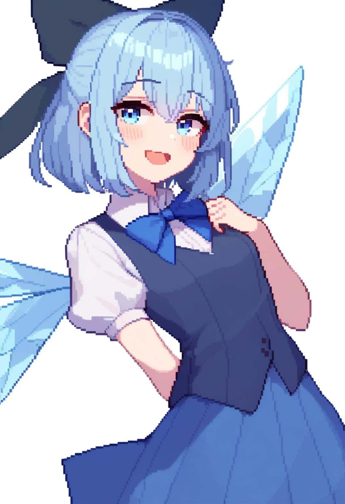 masterpiece,best quality,very aesthetic,absurdres,<lora:pixel_art_v1:1>,1girl, blue_bow, blue_eyes, blue_hair, blue_skirt, blue_vest, blush, bow, cirno, collared_shirt, commentary, cowboy_shot, detached_wings, dress, fairy, hair_between_eyes, hair_bow, ice, ice_wings, open_mouth, pixel_art, puffy_short_sleeves, puffy_sleeves, shirt, short_hair, short_sleeves, simple_background, skirt, smile, solo, vest, white_background, white_shirt, wings