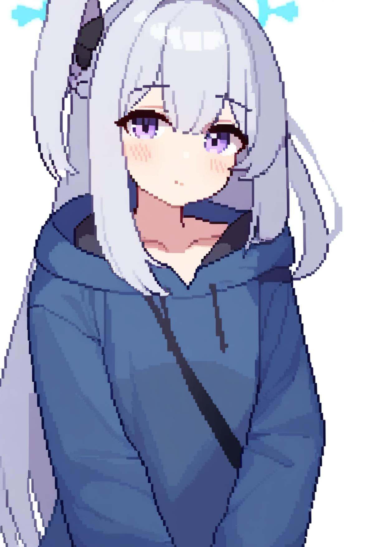 masterpiece,best quality,very aesthetic,absurdres,<lora:pixel_art_v1:1>,1girl, blue_halo, blue_hoodie, blush, closed_mouth, collarbone, grey_hair, hair_between_eyes, halo, highres, hood, hood_down, hoodie, long_hair, long_sleeves, looking_at_viewer, miyako_\(blue_archive\), miyako_\(young\)_\(blue_archive\), one_side_up, pixel_art, purple_eyes, simple_background, solo, upper_body, v, white_background