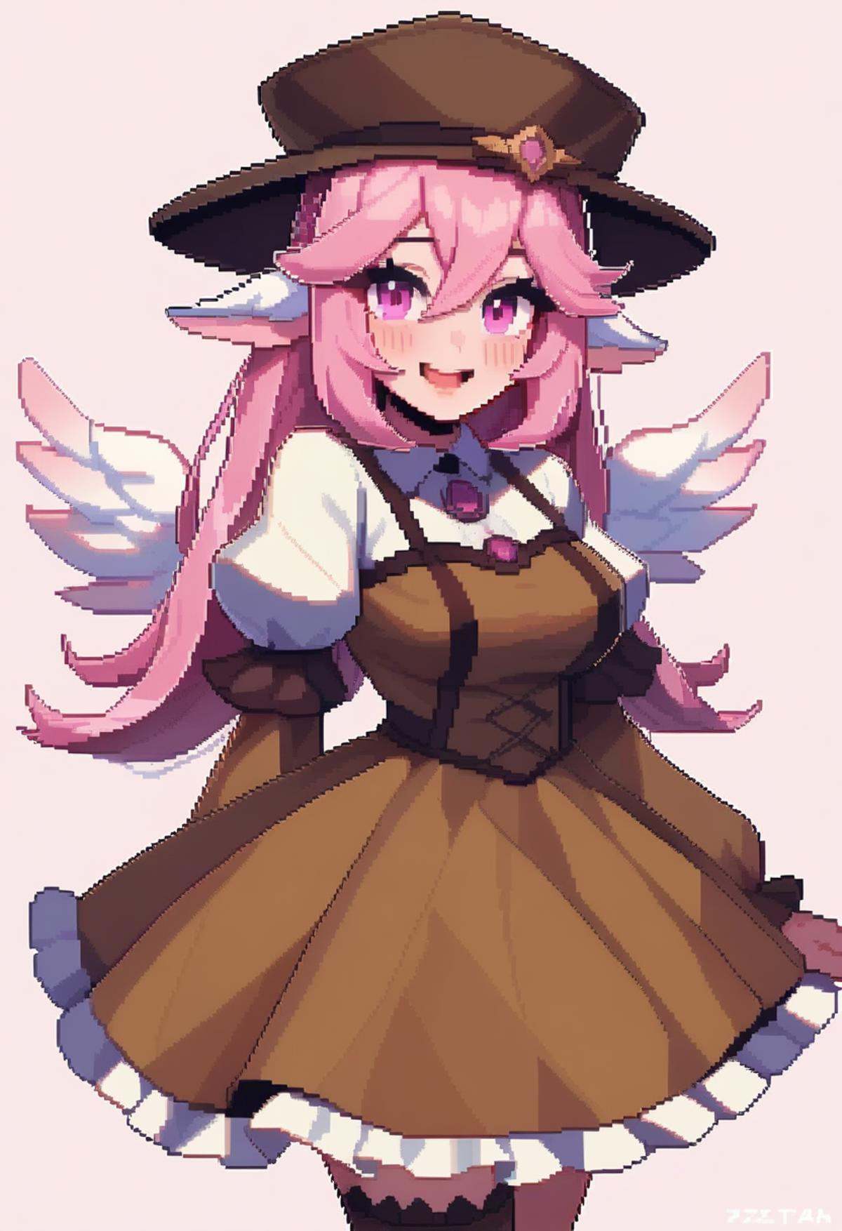 masterpiece,best quality,very aesthetic,absurdres,<lora:pixel_art_v2:1>,1girl,animal_ears,bird_ears,bird_wings,blush,brown_dress,brown_hat,collared_shirt,dress,frilled_dress,frills,hair_between_eyes,hat,long_sleeves,looking_at_viewer,mystia_lorelei,open_mouth,pink_eyes,pink_hair,pixel_art,shirt,short_hair,simple_background,sleeve_garter,smile,solo,white_background,white_shirt,white_wings,winged_hat,wings,