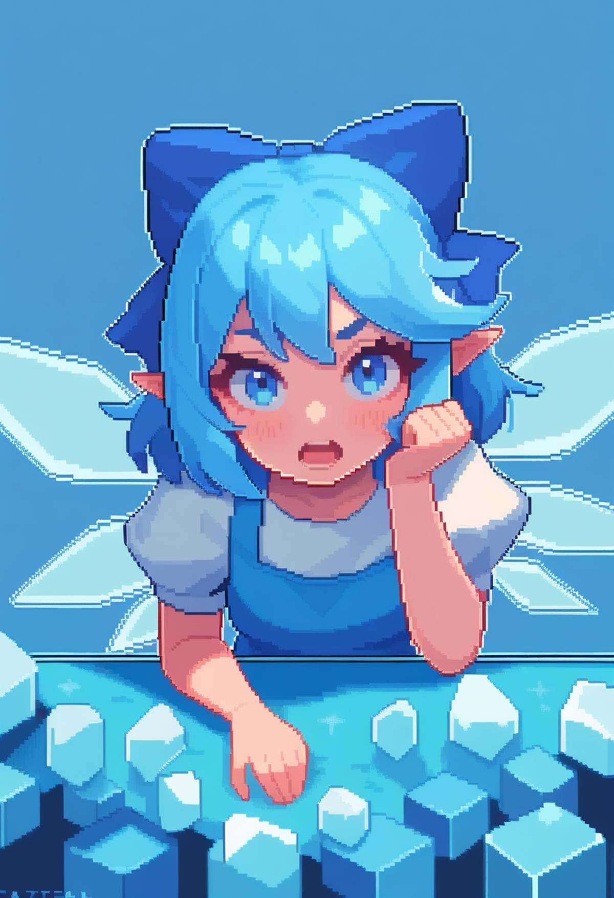 masterpiece,best quality,very aesthetic,absurdres,<lora:pixel_art_v2:1>,1girl, animated, blue_background, blue_dress, blue_eyes, blue_hair, bow, cirno, commentary, detached_wings, dress, hair_bow, ice, ice_wings, looking_at_viewer, open_mouth, pixel_art, shirt, short_sleeves, simple_background, solo, upper_body, video, white_shirt, wings