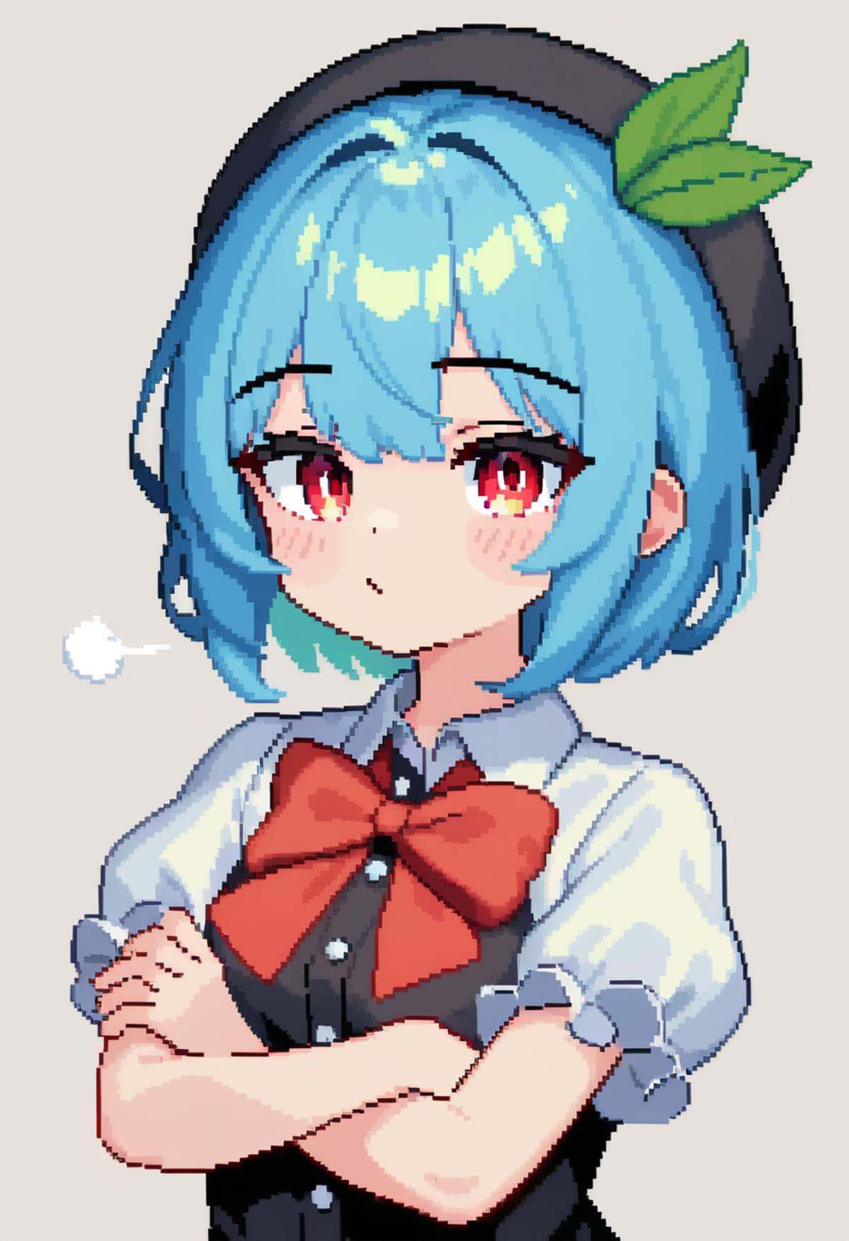 masterpiece,best quality,very aesthetic,absurdres,<lora:pixel_art_v3:1>,1girl, animated, black_headwear, blue_hair, bow, bowtie, buttons, collared_shirt, commentary_request, crossed_arms, food, fruit, grey_background, hinanawi_tenshi, leaf, looking_at_viewer, looping_animation, peach, pixel_art, puffy_short_sleeves, puffy_sleeves, red_bow, red_bowtie, red_eyes, shirt, short_sleeves, sigh, simple_background, solo, upper_body, video