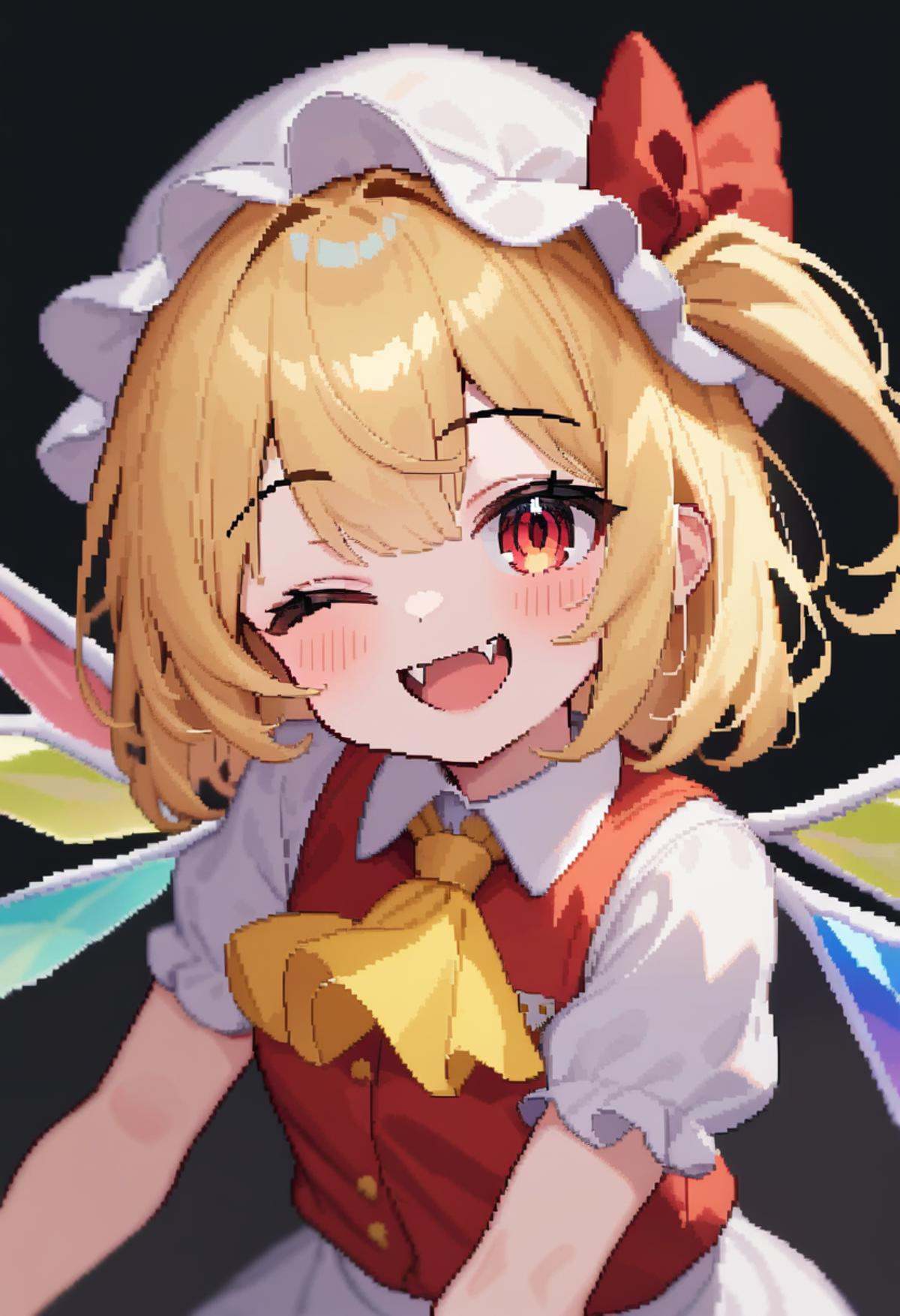 masterpiece,best quality,very aesthetic,absurdres,<lora:pixel_art_v3:1>,1girl, ;d, ascot, blonde_hair, bow, commentary, crystal_wings, fangs, flandre_scarlet, hat, hat_bow, looking_at_viewer, mob_cap, one_eye_closed, one_side_up, pixel_art, red_bow, red_eyes, short_sleeves, smile, solo, upper_body, white_hat, yellow_ascot