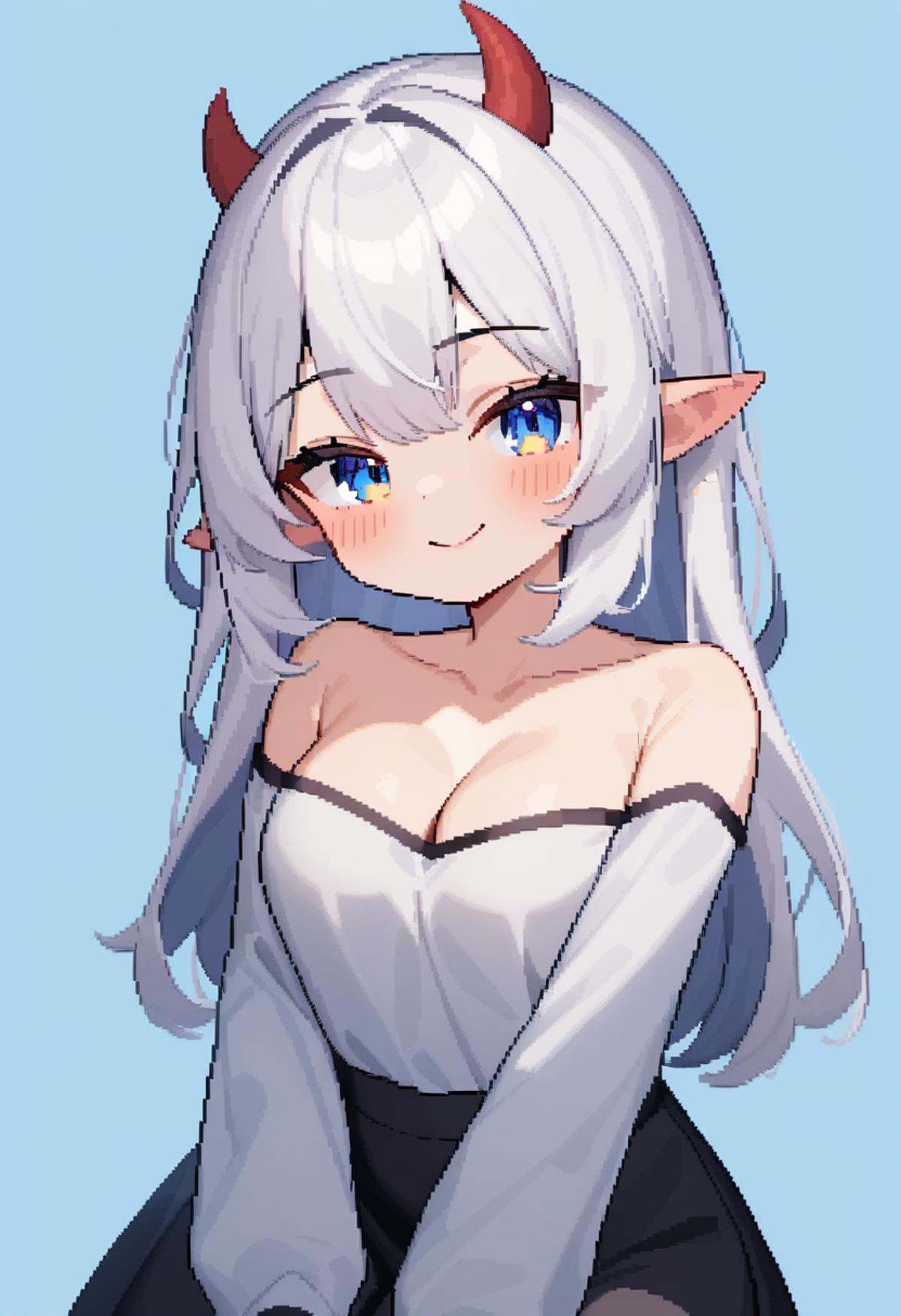 masterpiece,best quality,very aesthetic,absurdres,<lora:pixel_art_v3:1>,, 1girl, bare_shoulders, blue_background, blue_eyes, breasts, cleavage, closed_mouth, collarbone, commentary, commission, highres, horns, large_breasts, long_hair, long_sleeves, looking_at_viewer, pixel_art, pointy_ears, skeb_commission, smile, solo, upper_body, virtual_youtuber, white_hair,