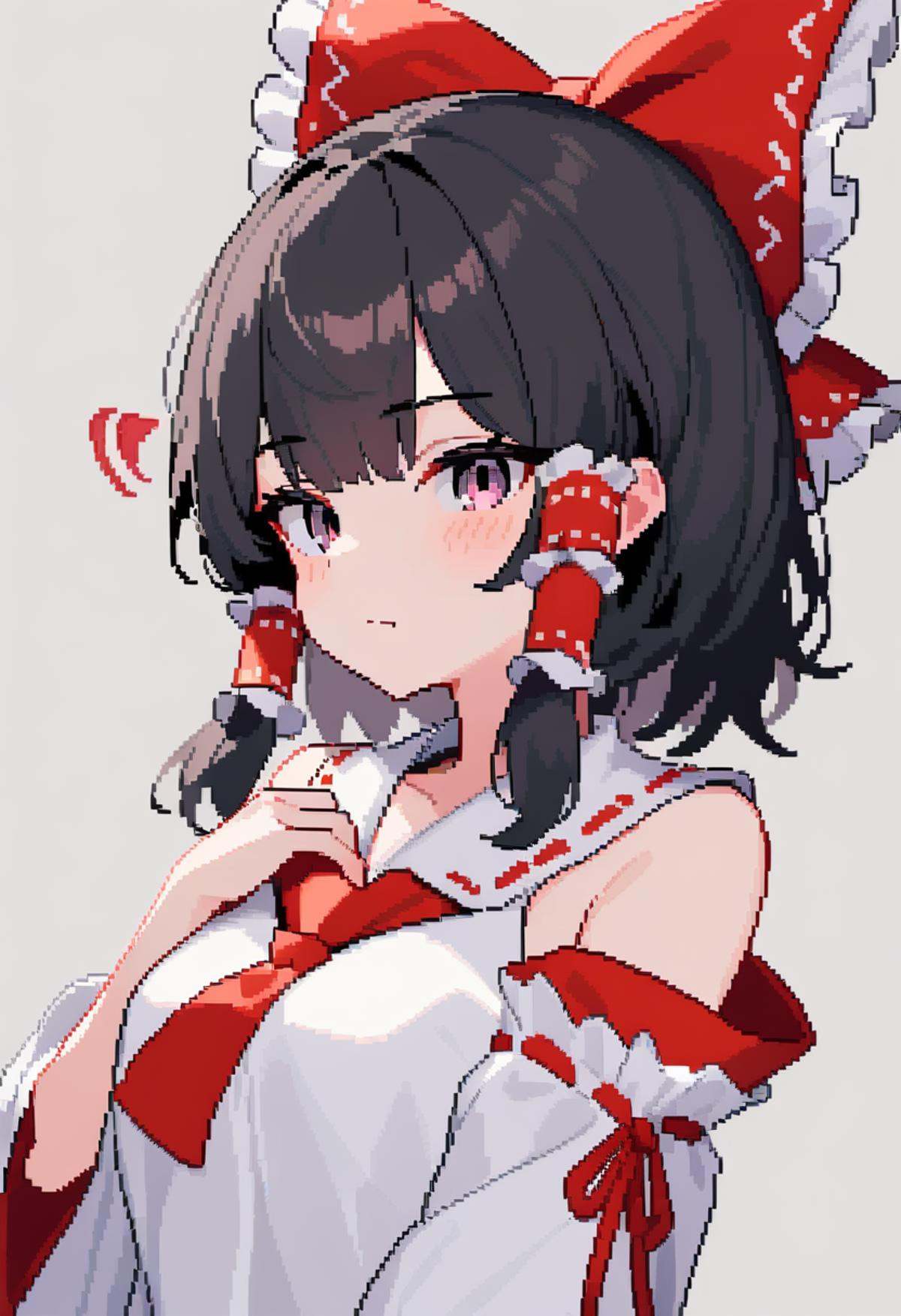 masterpiece,best quality,very aesthetic,absurdres,<lora:pixel_art_v3:1>,1girl, bare_shoulders, black_eyes, black_hair, bow, closed_mouth, commentary_request, grey_background, hair_bow, hair_tubes, hakurei_reimu, pixel_art, red_bow, sidelocks, solo, squiggle, upper_body