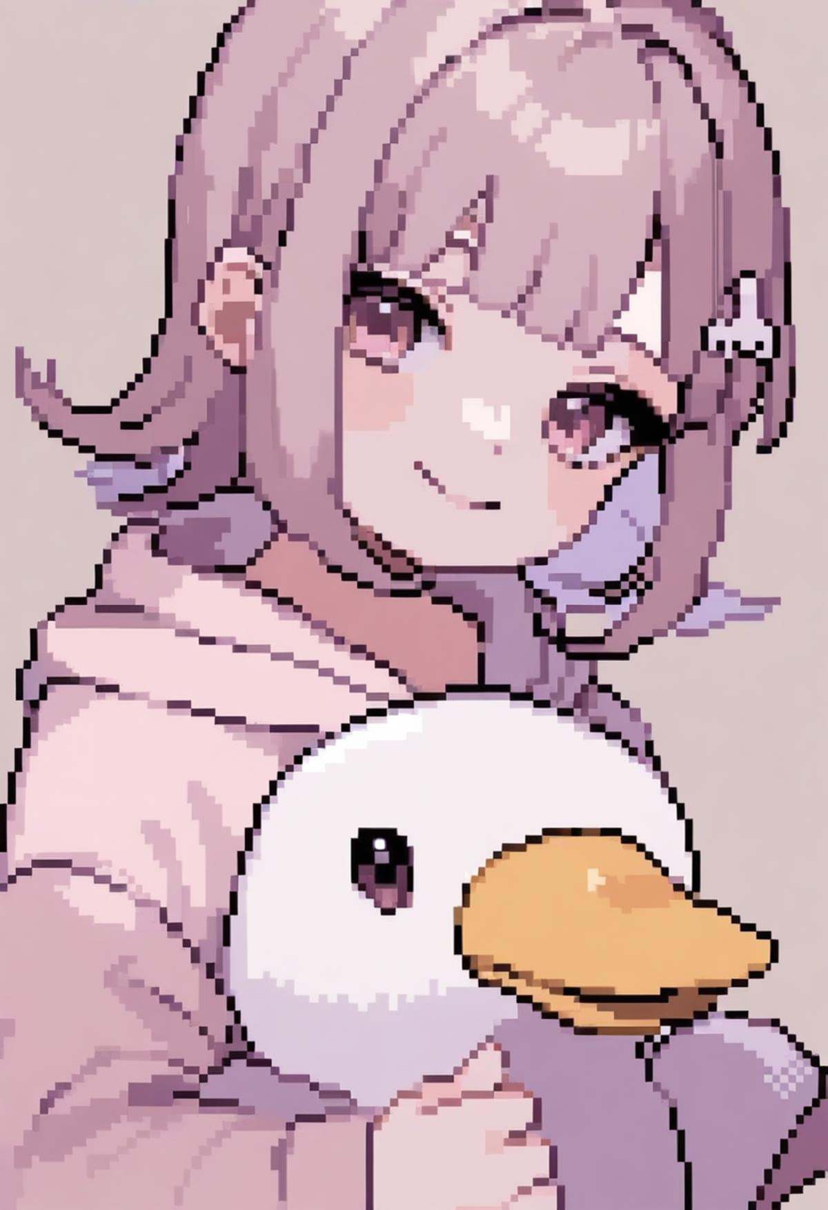 masterpiece,best quality,very aesthetic,absurdres,<lora:pixel_art_v4:1>,1girl, bird, brown_eyes, closed_mouth, commentary, duck, hood, hoodie, light_brown_background, light_brown_hair, looking_at_viewer, nanami_chiaki, pixel_art, short_hair, simple_background, smile, solo, spaceship_hair_ornament, upper_body