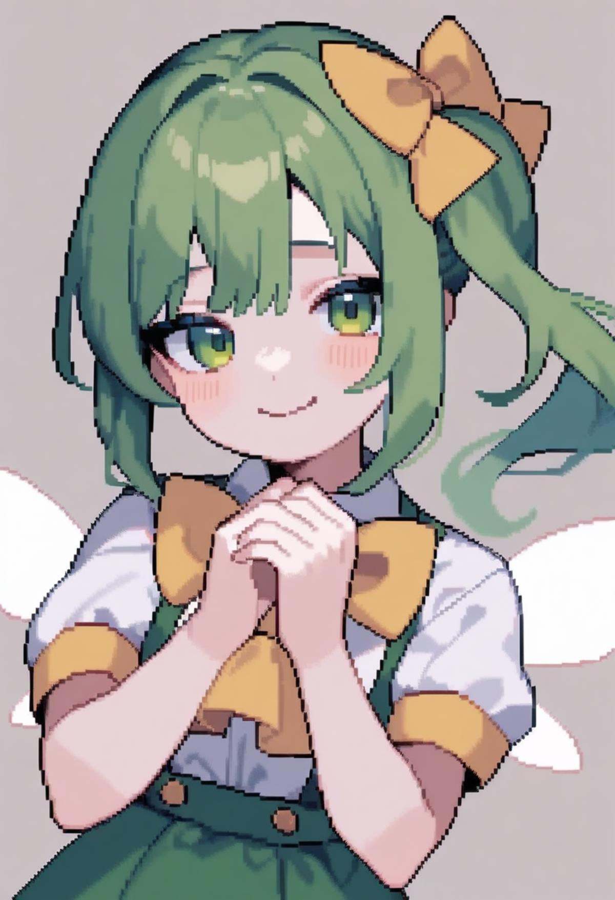 masterpiece,best quality,very aesthetic,absurdres,<lora:pixel_art_v4:1>,1girl, ascot, bad_id, bad_twitter_id, bow, closed_mouth, commentary, daiyousei, fairy, fairy_wings, green_eyes, green_hair, hair_bow, looking_at_viewer, medium_hair, own_hands_together, pixel_art, short_sleeves, side_ponytail, simple_background, smile, solo, upper_body, wings, yellow_ascot, yellow_bow
