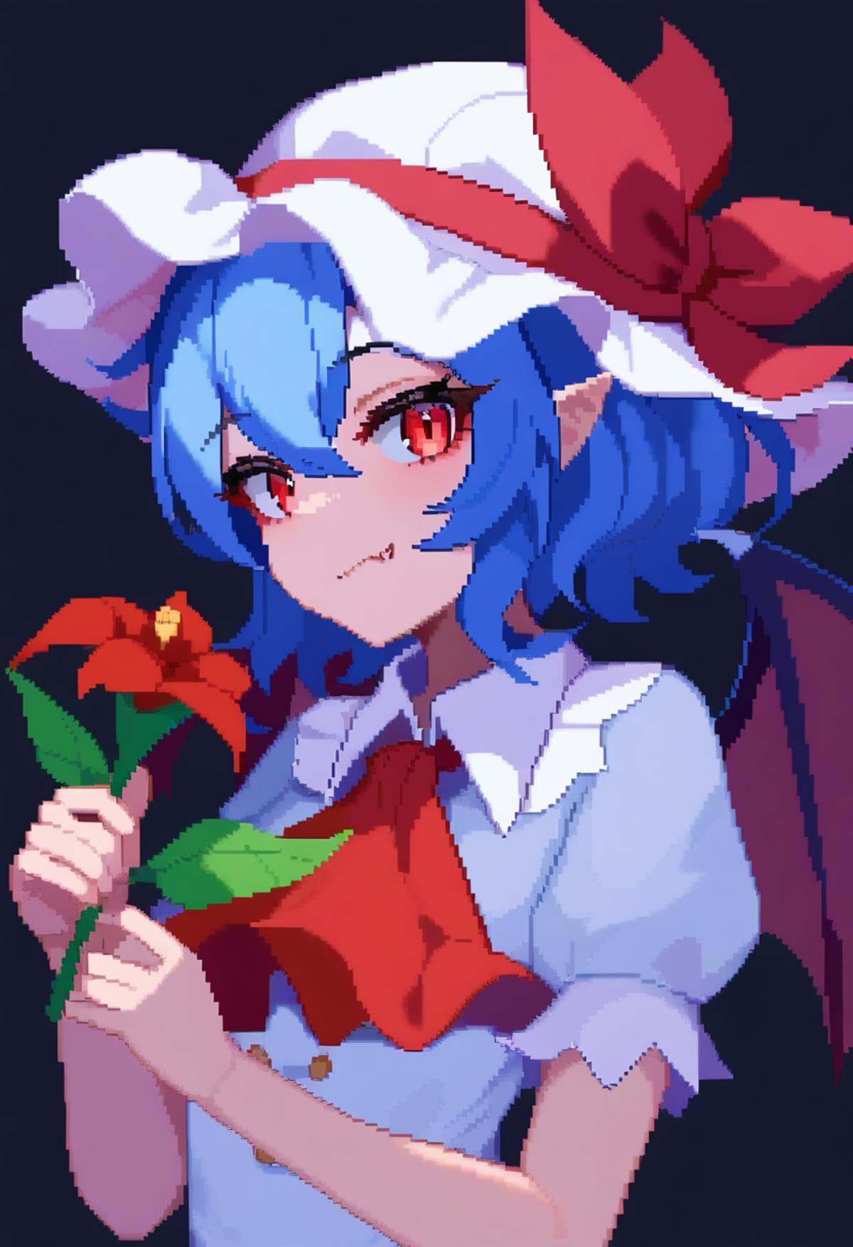 masterpiece,best quality,very aesthetic,absurdres,<lora:pixel_art_v5:1>,1girl, ascot, bat_wings, black_background, blue_hair, closed_mouth, commentary_request, fang, flower, hat, hat_ribbon, holding, holding_flower, looking_at_viewer, mob_cap, pixel_art, red_ascot, red_eyes, red_flower, red_ribbon, remilia_scarlet, ribbon, short_hair, simple_background, solo, upper_body, white_hat, wings