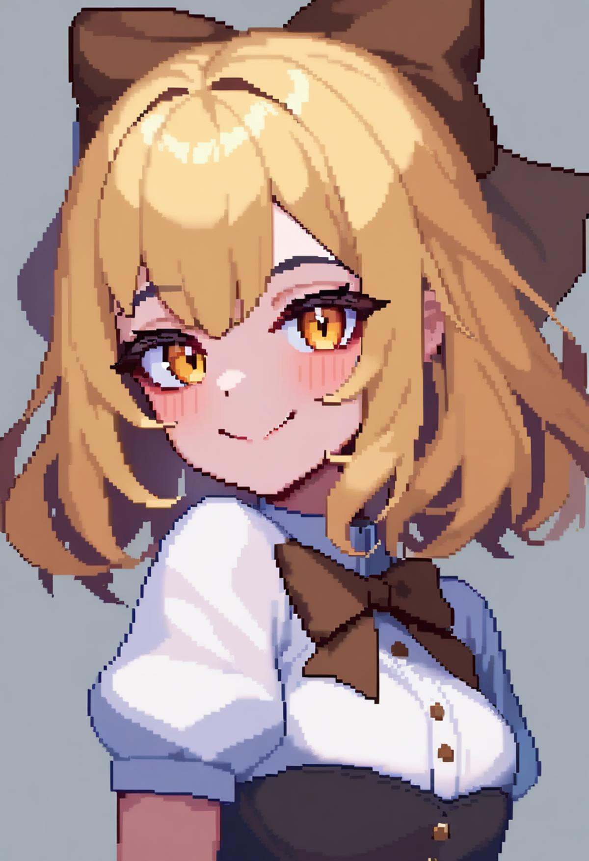 masterpiece,best quality,very aesthetic,absurdres,<lora:pixel_art_v5:1>,, 1girl, blonde_hair, blush, bow, brown_bow, closed_mouth, commentary, grey_background, hair_bow, highres, looking_at_viewer, medium_hair, pixel_art, smile, solo, symbol-only_commentary, upper_body, yellow_eyes