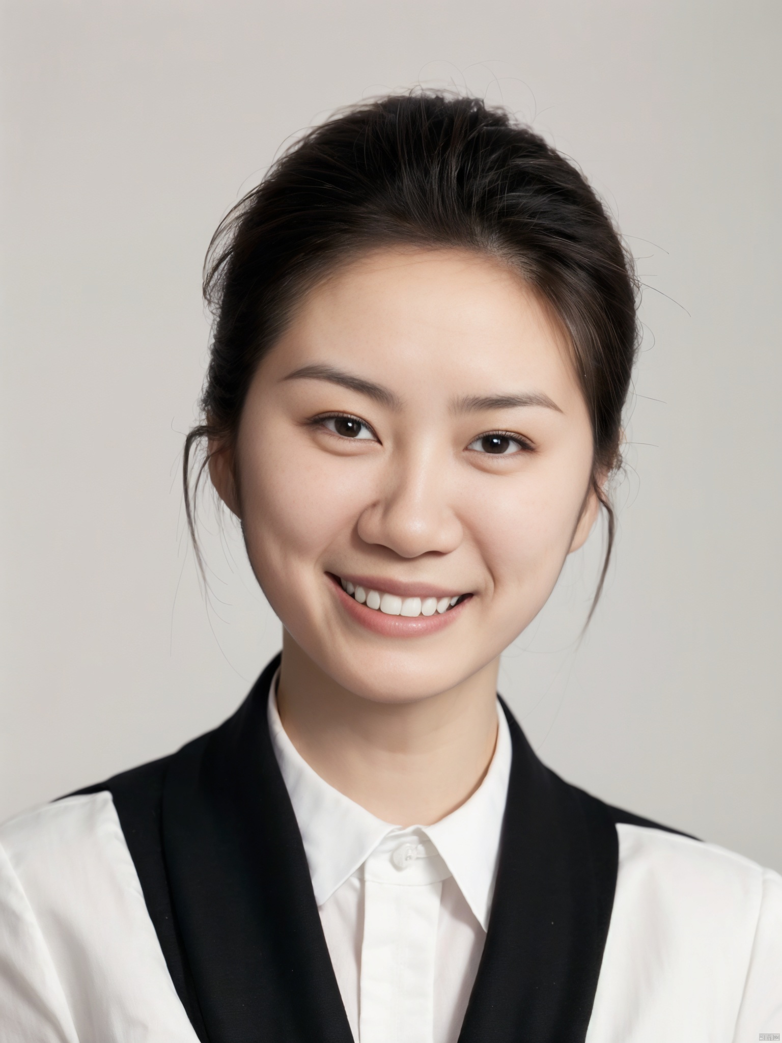 4girl, solo, looking at viewer, smile, short hair, simple background, shirt, black hair, white background, brown eyes, white shirt, upper body, teeth, collared shirt, grin, black eyes, lips, realistic, stewardess,multiplegirls