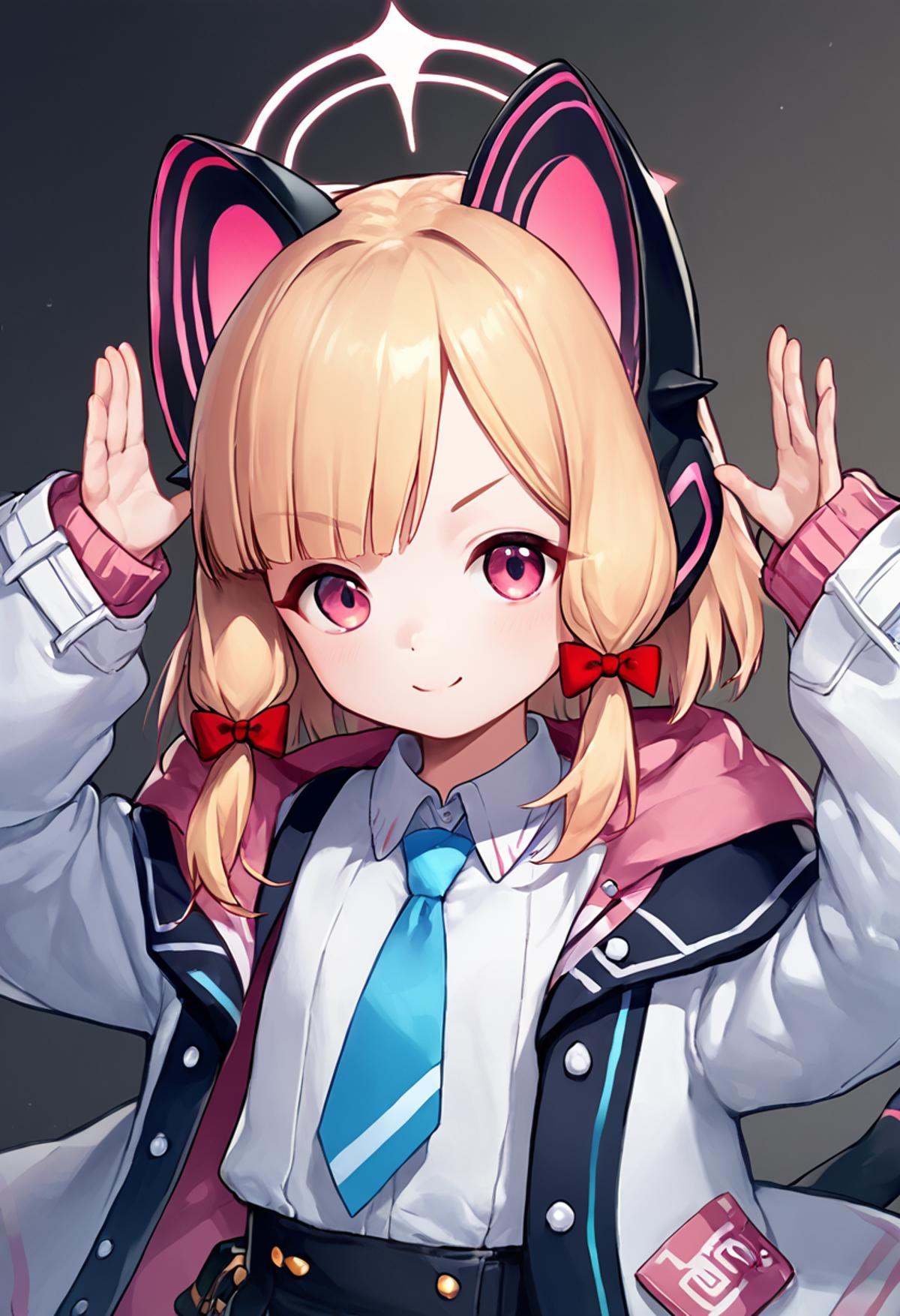 score_9,score_8_up,score_7_up,<lora:blue_archive_all:1>,1girl, momoi_\(blue_archive\), hair_bow, pink_halo, white_shirt, red_bow, long_sleeves, animal_ear_headphones, blue_necktie, collared_shirt, white_jacket