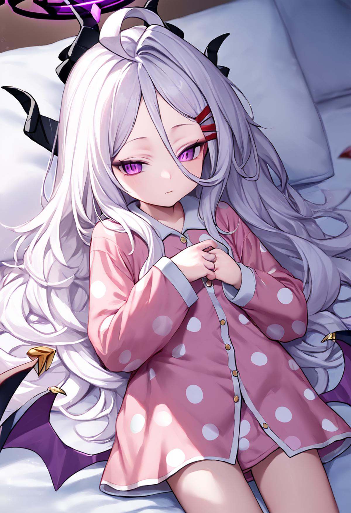 score_9,score_8_up,score_7_up,<lora:blue_archive_all:1>,hina_\(blue_archive\), hina_\(pajamas\)_\(blue_archive\), 1girl, pink_pajamas, long_sleeves, polka_dot_pajamas, official_alternate_costume, demon_girl, sidelocks, yellow_cardigan, demon_wings