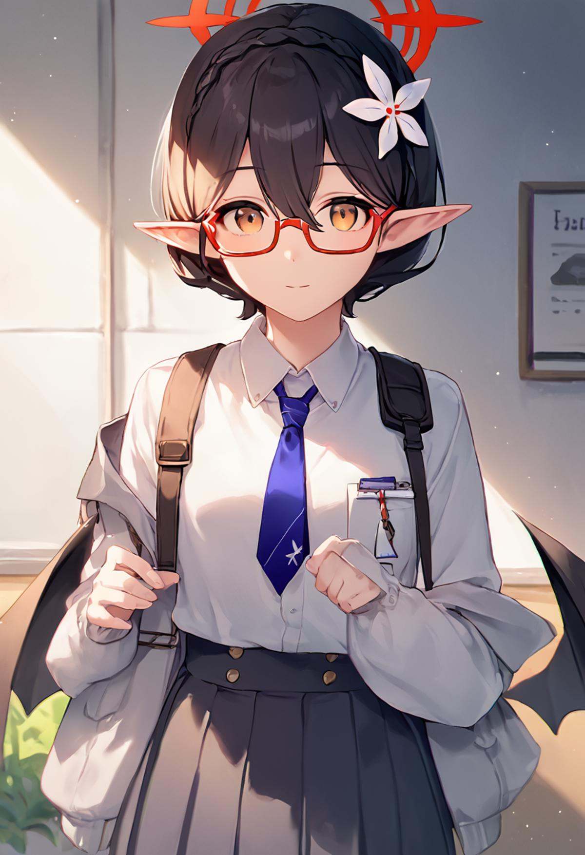 score_9,score_8_up,score_7_up,<lora:blue_archive_all:1>,ayane_\(blue_archive\), 1girl, pointy_ears, glasses, red-framed_eyewear, long_sleeves, collared_shirt, white_shirt, school_uniform, blue_necktie, hair_flower