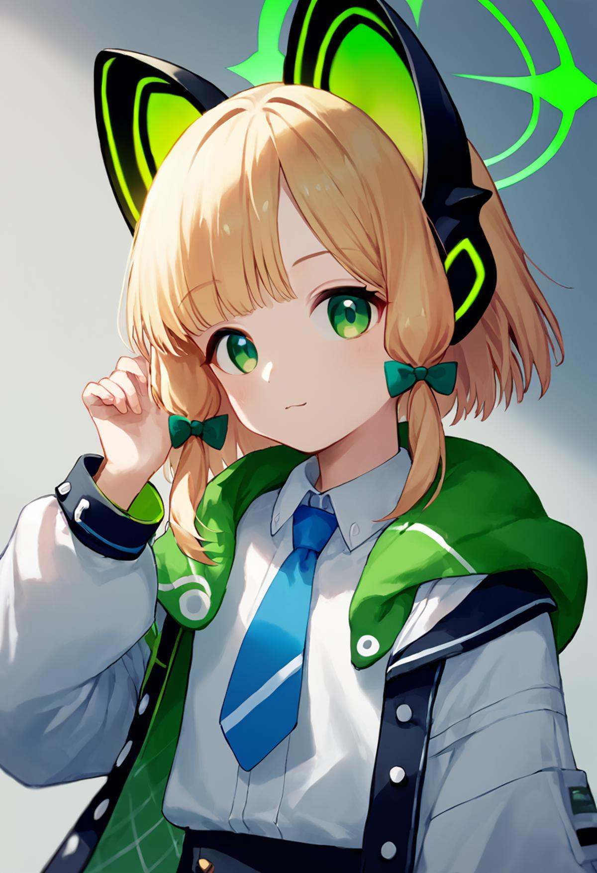 score_9,score_8_up,score_7_up,<lora:blue_archive_all:1>,midori_\(blue_archive\), 1girl, hair_bow, animal_ear_headphones, blue_necktie, white_shirt, long_sleeves, cat_ear_headphones, white_jacket, collared_shirt, green_bow