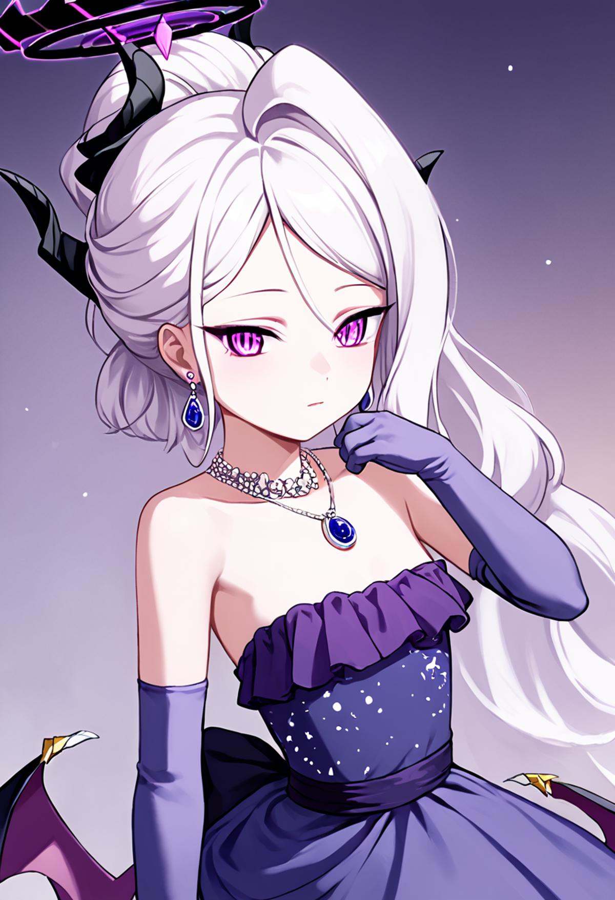 score_9,score_8_up,score_7_up,<lora:blue_archive_all:1>,1girl, hina_\(blue_archive\), hina_\(dress\)_\(blue_archive\), official_alternate_costume, elbow_gloves, purple_dress, purple_gloves, strapless_dress, official_alternate_hairstyle, necklace, dangle_earrings, demon_wings, pendant, bare_shoulders