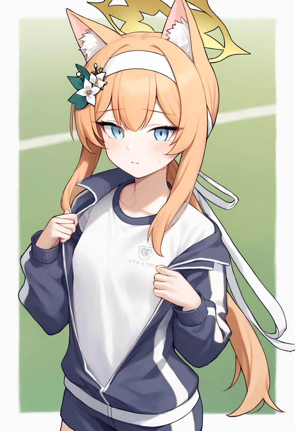 score_9,score_8_up,score_7_up,<lora:blue_archive_all:1>,mari_\(blue_archive\),mari_\(track\)_\(blue_archive\),1girl,official_alternate_costume,animal_ear_fluff,hair_flower,white_flower,white_hairband,track_jacket,gym_uniform,white_shirt,animal_ears,long_sleeves,