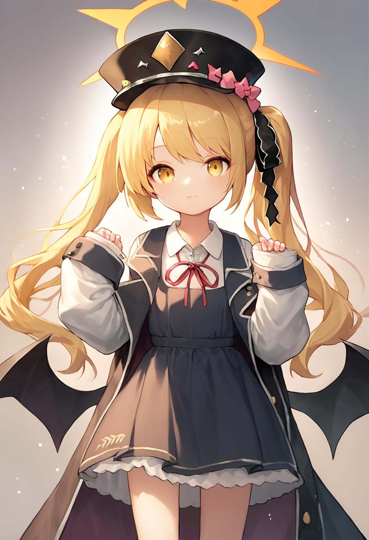score_9,score_8_up,score_7_up,<lora:blue_archive_all:1>,1girl, ibuki_\(blue_archive\), yellow_halo, demon_wings, black_dress, black_wings, white_shirt, sleeves_past_fingers, black_coat, collared_shirt, pinafore_dress