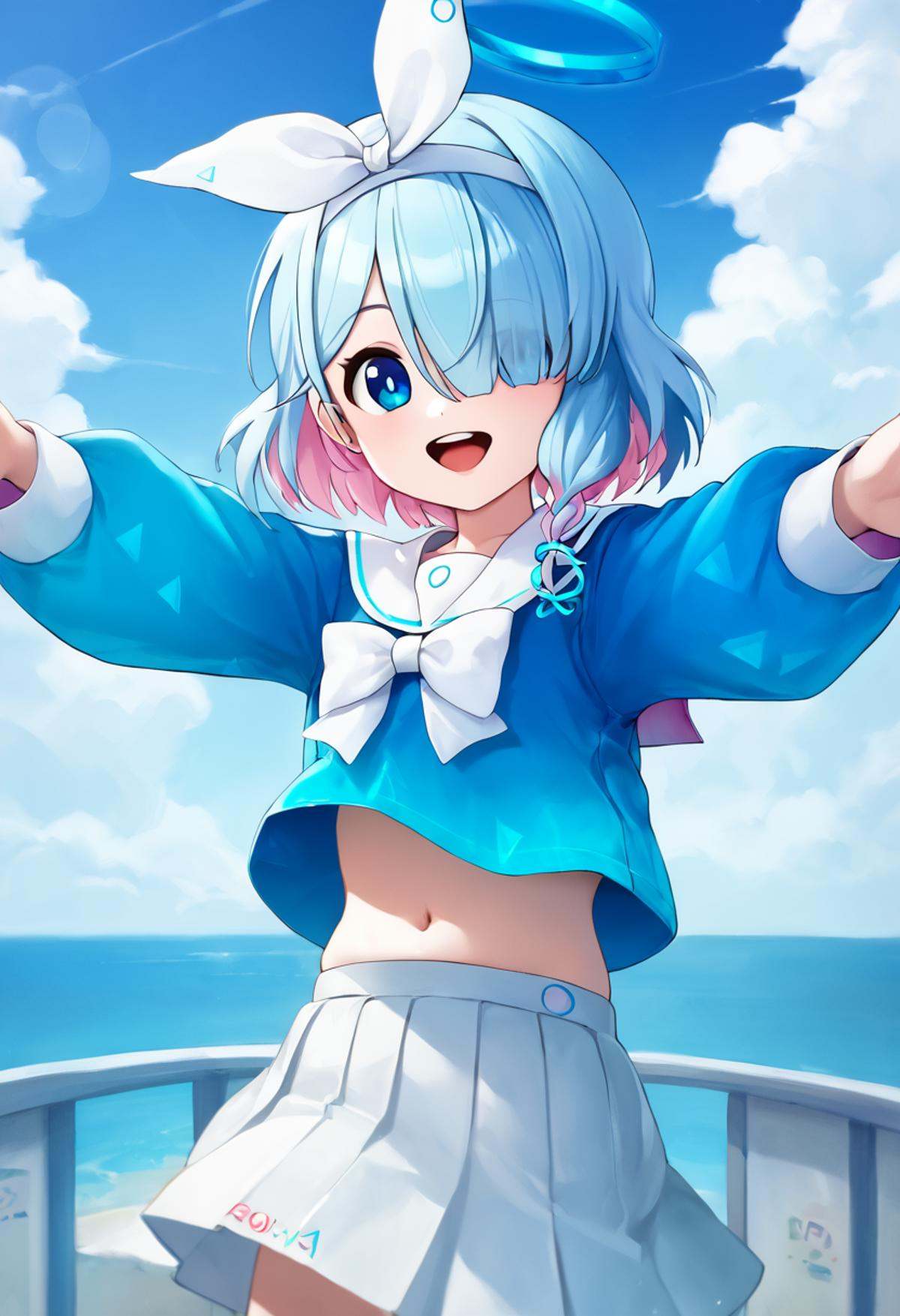 score_9,score_8_up,score_7_up,<lora:blue_archive_all_v1:1>,navel, arona_\(blue_archive\), smile, solo, blue_sky, white_sailor_collar, looking_at_viewer, pleated_skirt, outdoors, tongue, white_skirt, cloudy_sky, highres, spread_arms, absurdres, open_mouth, hair_over_one_eye, long_sleeves, upper_teeth_only, 1girl, day