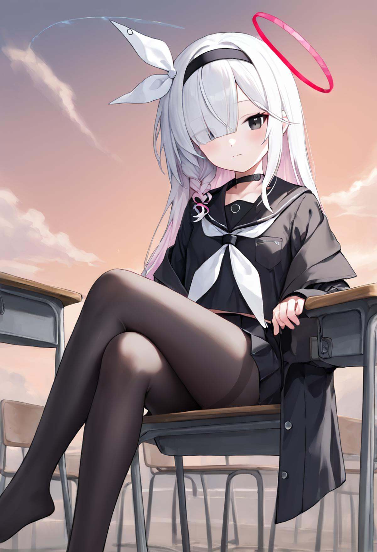 score_9,score_8_up,score_7_up,<lora:blue_archive_all_v1:1>,absurdres, sitting, feet, long_sleeves, black_sailor_collar, blush, cloudy_sky, solo, white_neckerchief, black_choker, open_coat, hair_over_one_eye, crossed_legs, closed_mouth, signature, black_pantyhose, black_skirt, black_hairband, outdoors, highres, black_coat, black_serafuku, school_desk, 1girl, pleated_skirt, plana_\(blue_archive\), looking_at_viewer, no_shoes