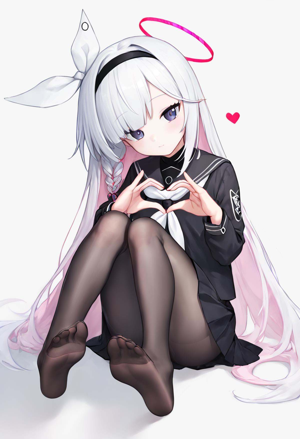 score_9,score_8_up,score_7_up,<lora:blue_archive_all_v1:1>,sitting, knees_together_feet_apart, toes, solo, white_neckerchief, leg_up, commentary, white_background, legs, black_pantyhose, black_skirt, black_hairband, highres, black_jacket, black_serafuku, simple_background, dorsiflexion, soles, kneepits, 1girl, plana_\(blue_archive\), heart_hands, looking_at_viewer, no_shoes