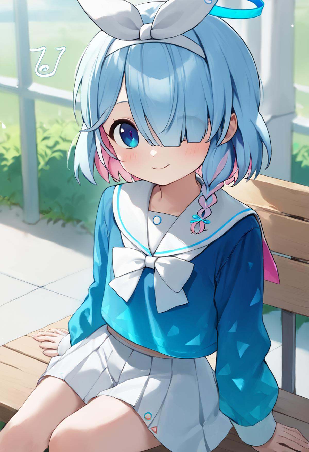 score_9,score_8_up,score_7_up,<lora:blue_archive_all_v1:1>,arona_\(blue_archive\), feet_out_of_frame, smile, closed_mouth, solo, white_sailor_collar, pleated_skirt, white_skirt, blush, eighth_note, highres, sitting, absurdres, one_eye_closed, hair_over_one_eye, long_sleeves, 1girl