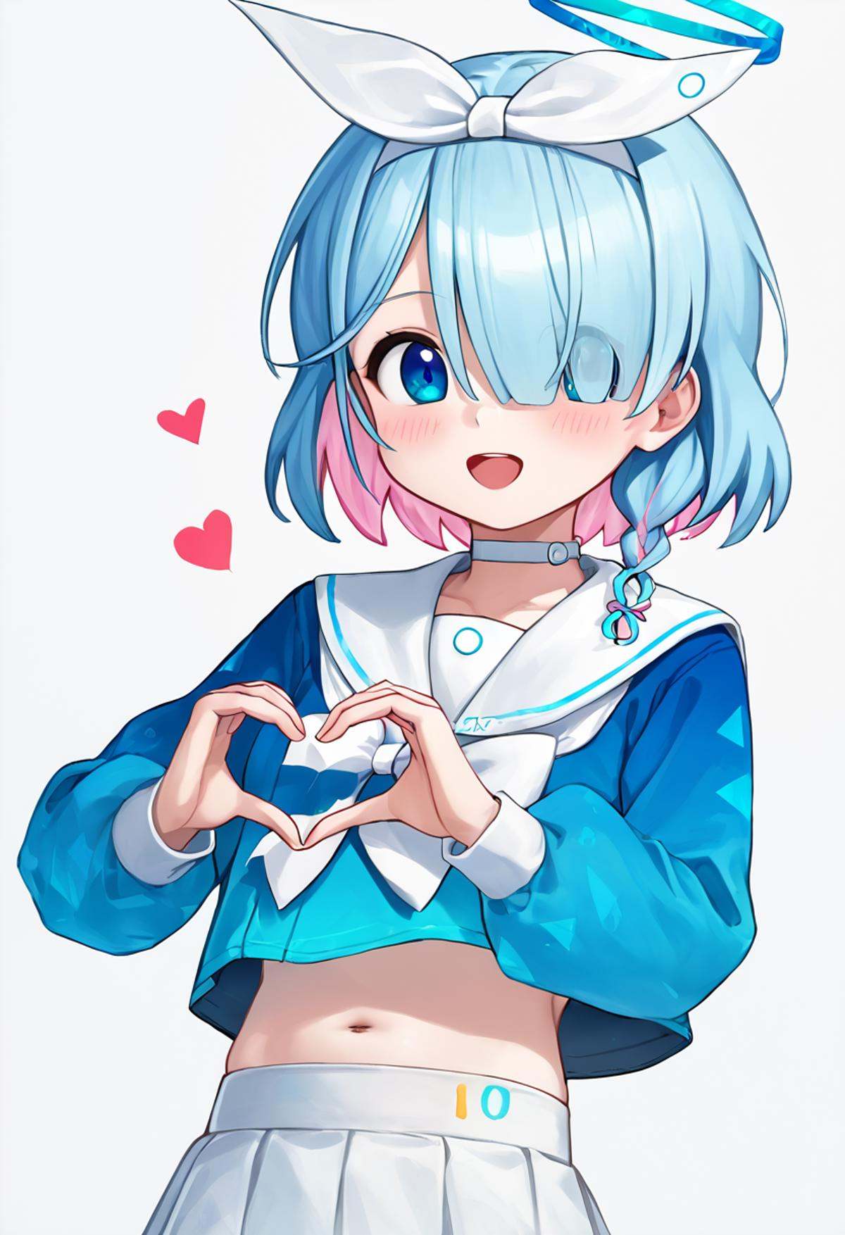 score_9,score_8_up,score_7_up,<lora:blue_archive_all_v1:1>,navel, arona_\(blue_archive\), white_choker, solo, white_sailor_collar, looking_at_viewer, pleated_skirt, midriff, heart_hands, blush, white_skirt, simple_background, highres, white_background, open_mouth, hair_over_one_eye, serafuku, long_sleeves, 1girl