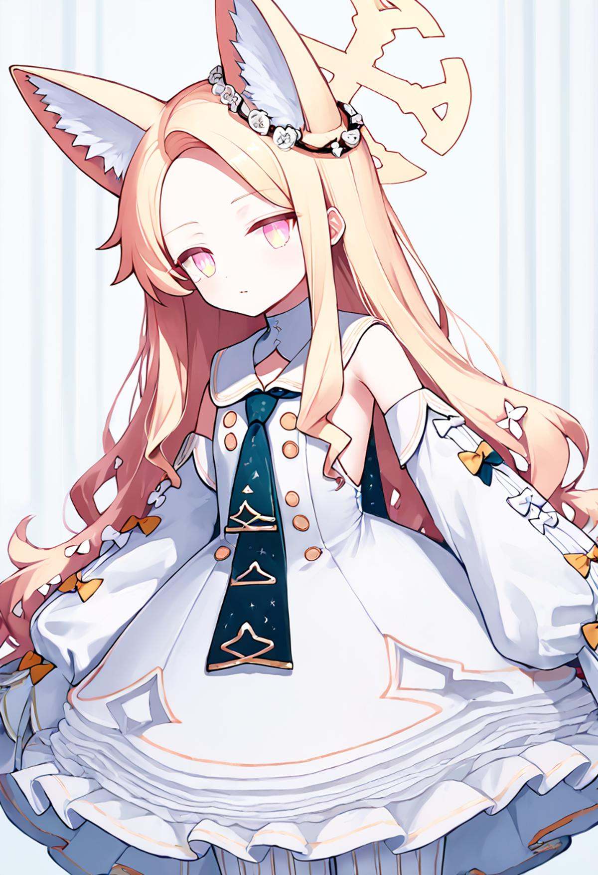 score_9,score_8_up,score_7_up,<lora:blue_archive_all_v1:1>,seia_\(blue_archive\), 1girl, fox_ears, animal_ear_fluff, white_dress, sleeves_past_fingers, detached_sleeves, white_sleeves, bare_shoulders, white_pantyhose, vertical-striped_clothes