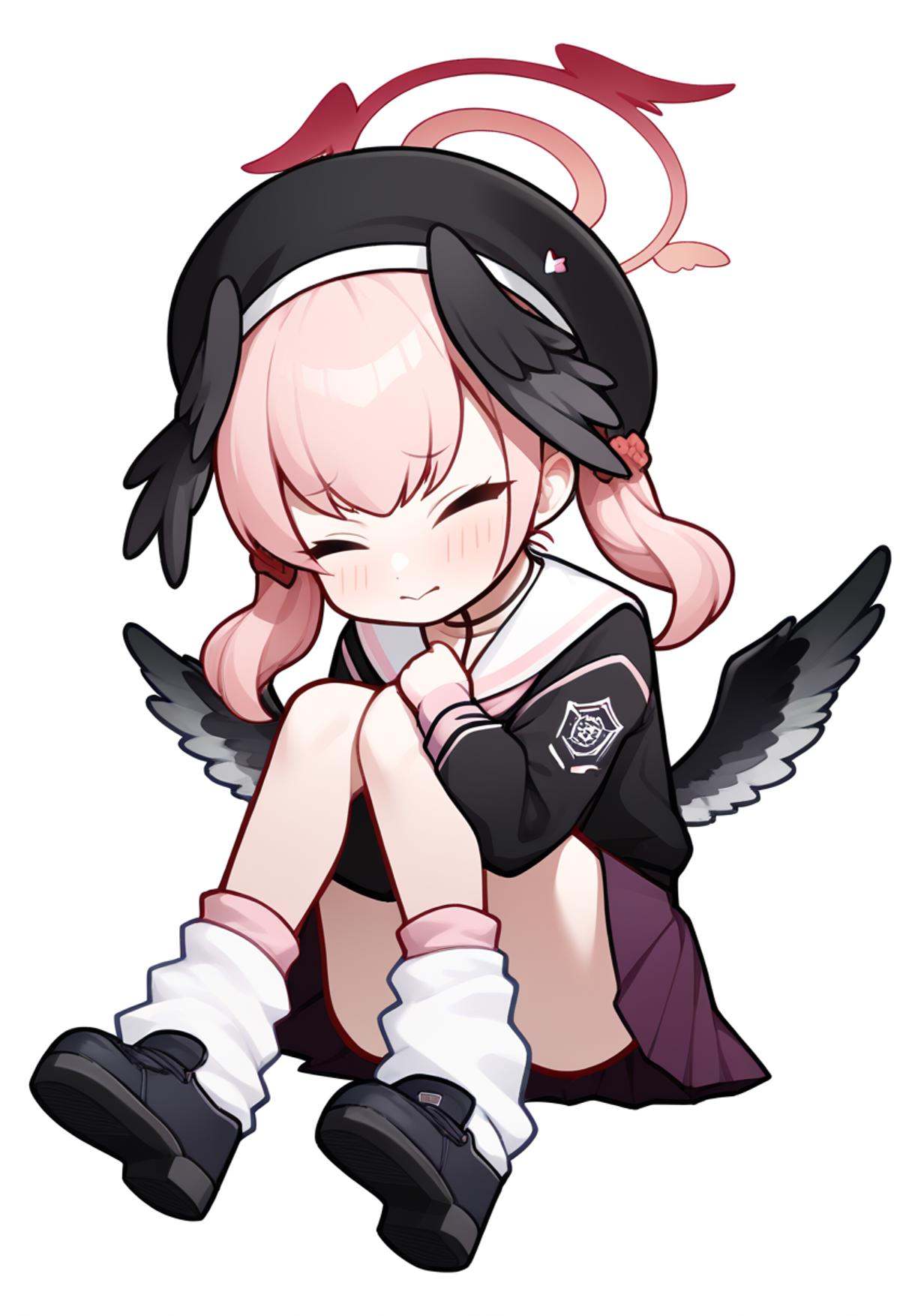 score_9,score_8_up,score_7_up,<lora:blue_archive_all_v2:1>,koharu_\(blue_archive\), shoes, solo, feathered_wings, chibi, simple_background, black_shirt, white_sailor_collar, loose_socks, head_wings, white_background, 1girl, black_footwear, full_body, purple_skirt, sitting, hugging_own_legs, tissue_box, lowres, black_hat, black_wings, beret, knees_up, <|>_<|>, white_socks
