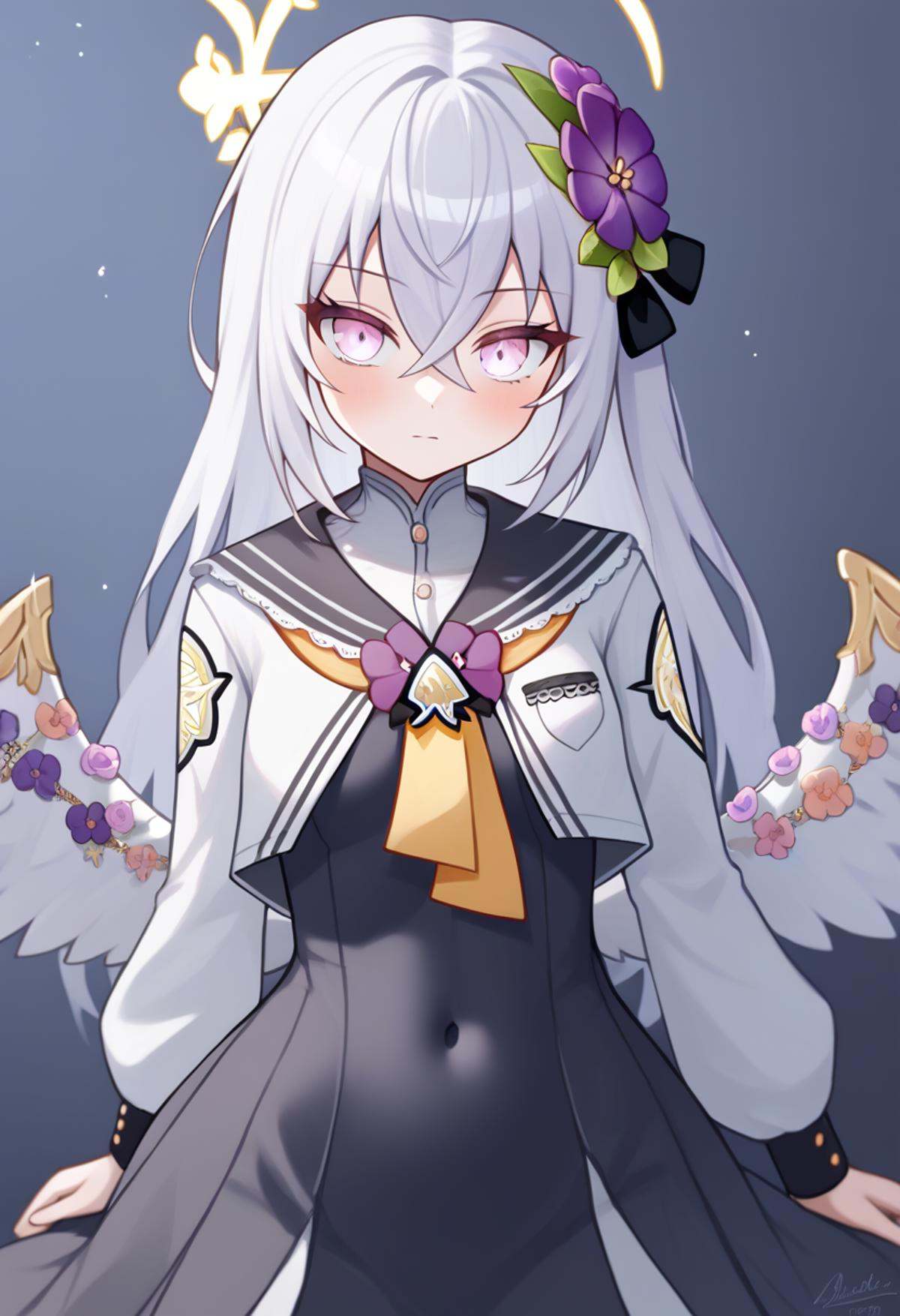 score_9,score_8_up,score_7_up,<lora:blue_archive_all_v2:1>,closed_mouth, long_sleeves, weapon, 1girl, logo, covered_navel, wings, solo, green_flower, purple_flower, azusa_\(blue_archive\), school_uniform, leaf, blush, chinese_commentary, black_sailor_collar, hair_flower, highres, looking_at_viewer, absurdres
