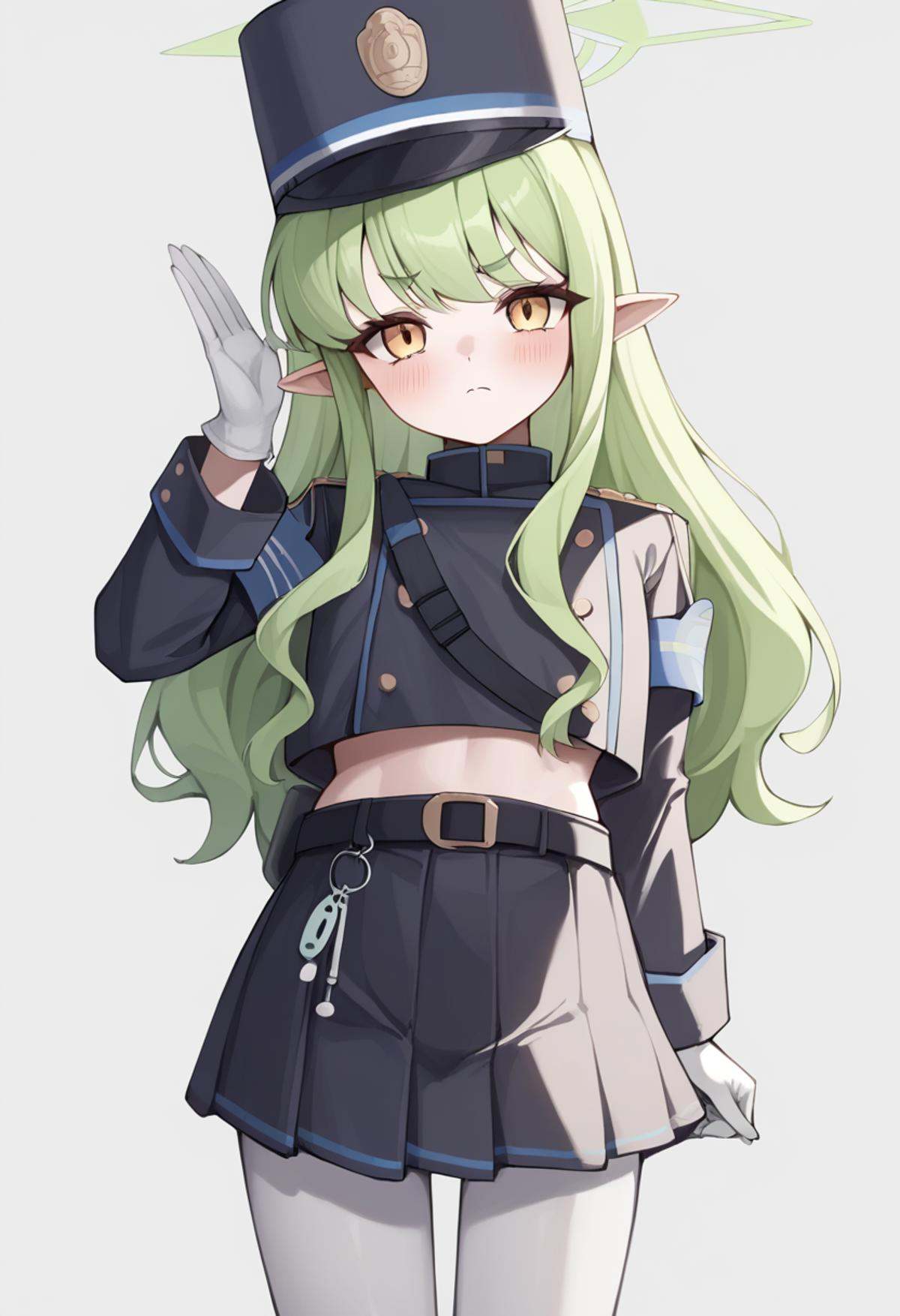 score_9,score_8_up,score_7_up,<lora:blue_archive_all_v3:1>,1girl, absurdres, black_belt, black_hat, black_jacket, black_skirt, blush, brown_eyes, closed_mouth, cowboy_shot, green_hair, green_halo, highres, hikari_\(blue_archive\), long_hair, long_sleeves, looking_at_viewer, peaked_cap, pleated_skirt, pointy_ears, simple_background, solo, white_background, white_gloves, white_pantyhose