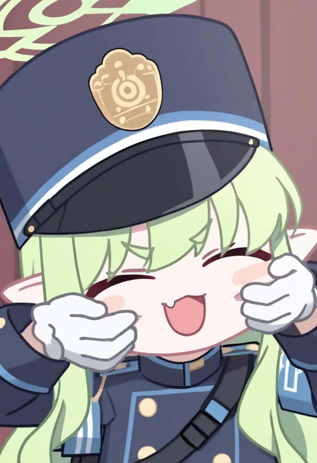 score_9,score_8_up,score_7_up,<lora:blue_archive_all_v3:1>,1girl, >o<, animated, blue_armband, blush_stickers, chibi, closed_eyes, commentary, disembodied_limb, green_hair, green_halo, hands_on_another's_cheeks, hat, hikari_\(blue_archive\), jacket, long_hair, no_nose, patting_cheek, pointy_ears, sensei_\(blue_archive\), sidelocks, skin_fang, sound, v-shaped_eyebrows, video