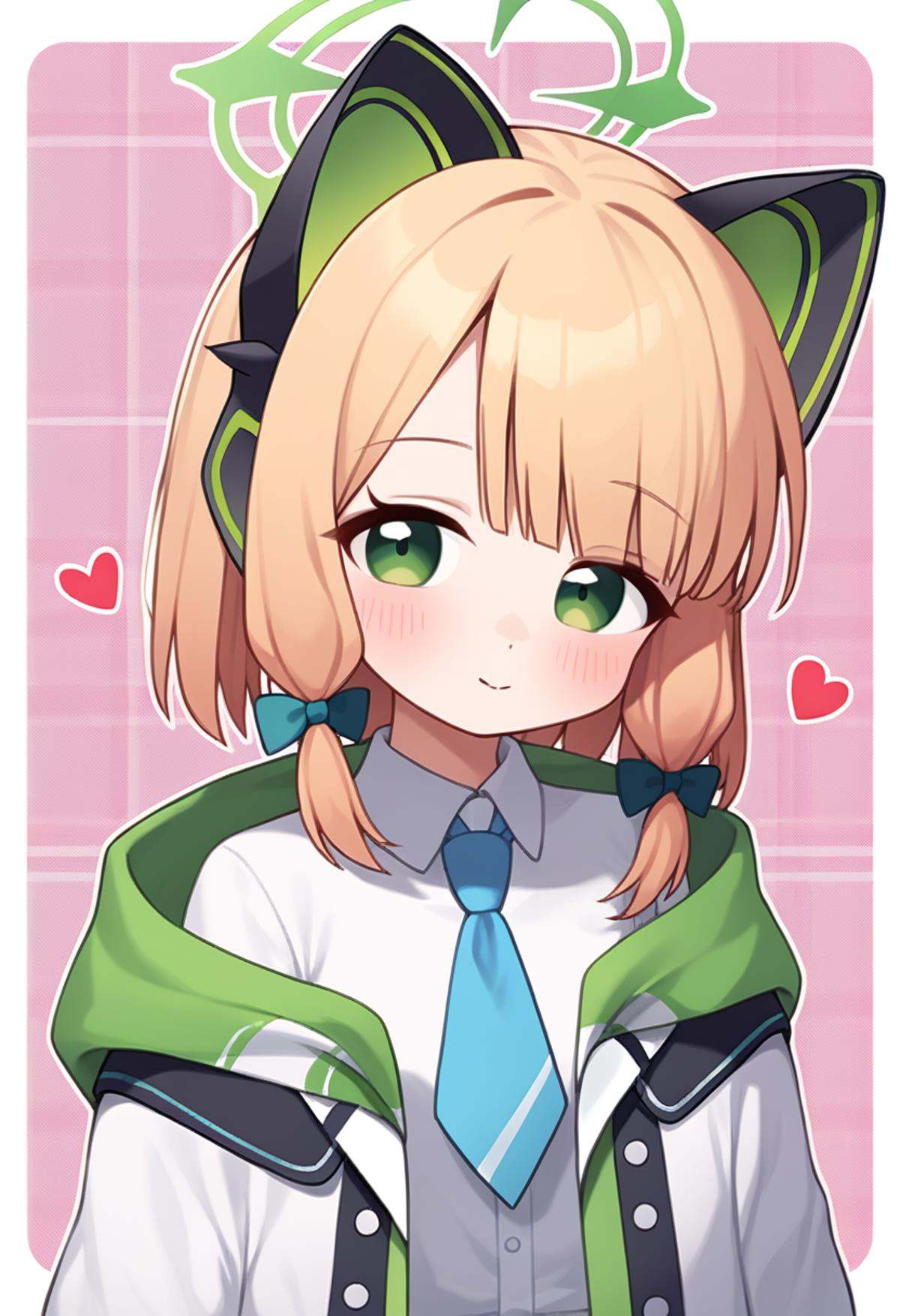 score_9,score_8_up,score_7_up,<lora:blue_archive_all_v3:1>,1girl, :<, animal_ear_headphones, bandaid, blonde_hair, blue_bow, blue_necktie, blush, closed_mouth, collarbone, collared_shirt, cursor, drawn_whiskers, dress_shirt, green_eyes, hair_bow, halo, heart, hood_down, hooded_jacket, looking_at_viewer, midori_\(blue_archive\), off_shoulder, open_jacket, pixelated, plaid_background, solo, suspenders, upper_body, white_jacket, white_shirt