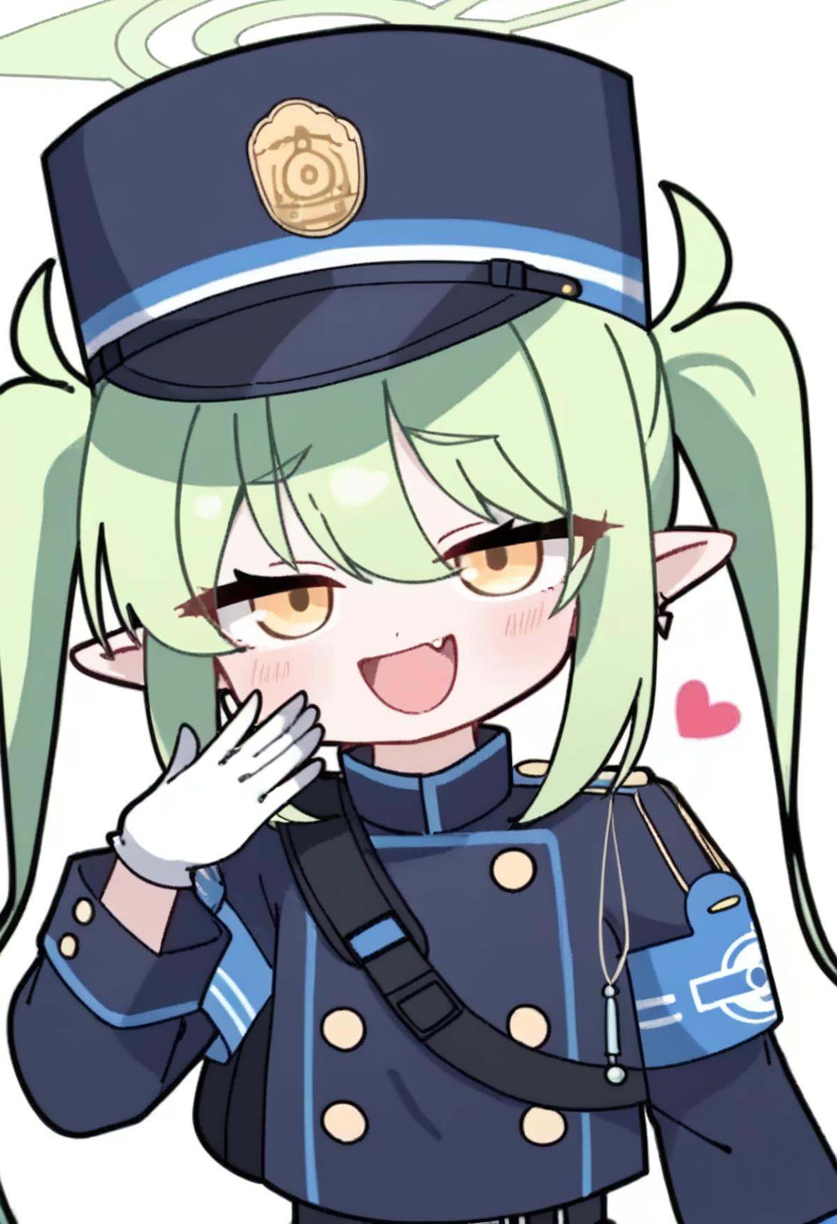 score_9,score_8_up,score_7_up,<lora:blue_archive_all_v3:1>,1girl, :d, animated, blue_armband, blue_hat, blue_jacket, chibi, double-breasted, green_hair, green_halo, hand_up, heart, long_hair, looking_at_viewer, lowres, nozomi_\(blue_archive\), peaked_cap, simple_background, skin_fang, solo, symbol-only_commentary, twintails, upper_body, video, white_background, white_gloves, yellow_eyes