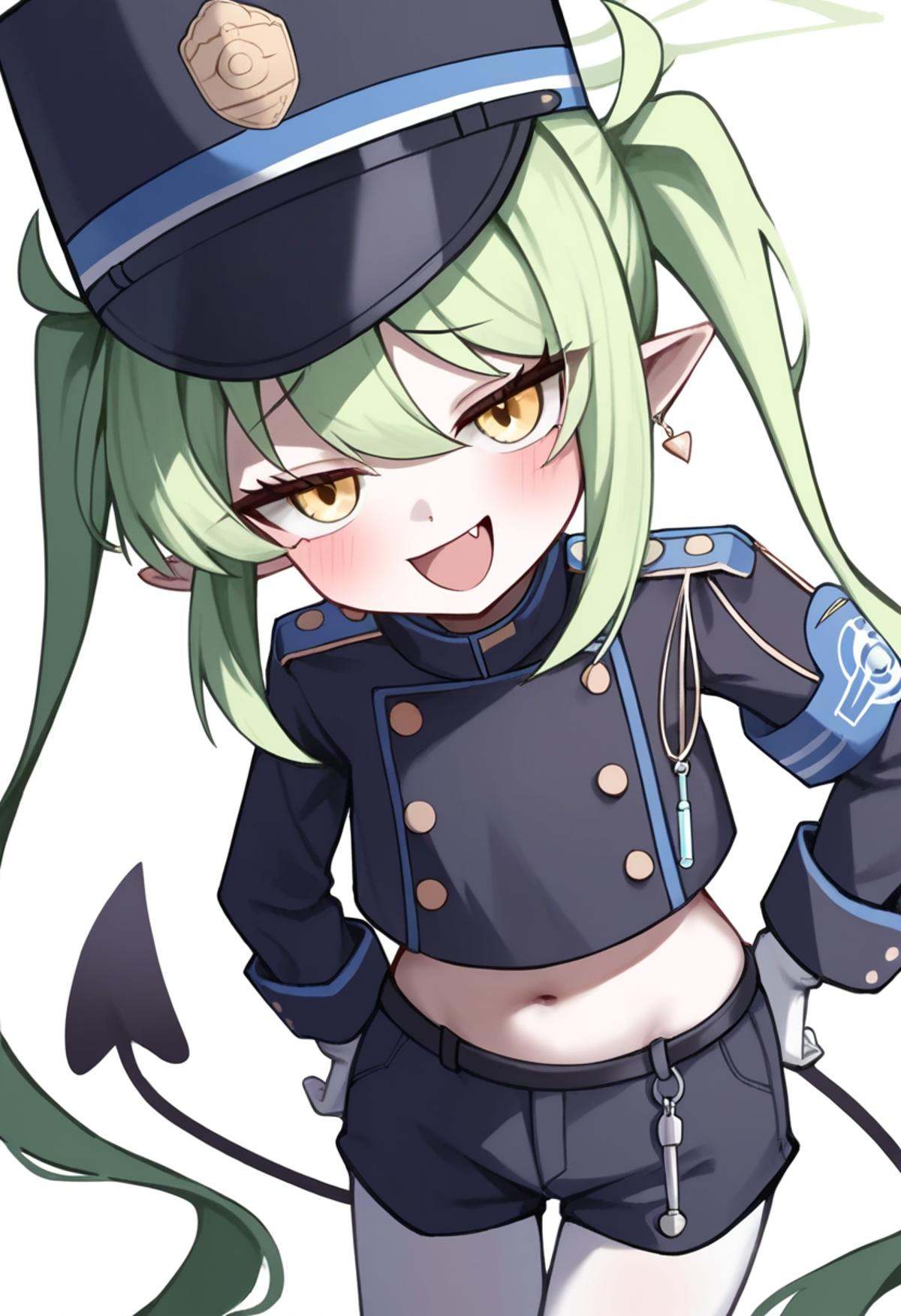 score_9,score_8_up,score_7_up,<lora:blue_archive_all_v3:1>,1girl, absurdres, black_hat, black_shirt, black_shorts, black_tail, blush, cowboy_shot, demon_tail, fang, green_hair, green_halo, highres, long_hair, long_sleeves, navel, nozomi_\(blue_archive\), open_mouth, peaked_cap, pointy_ears, simple_background, smile, solo, twintails, white_background, white_gloves, white_pantyhose, yellow_eyes