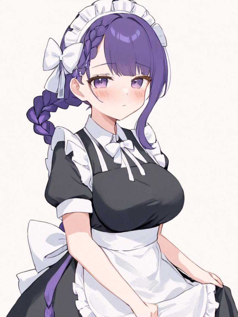 <lora:leishen3:1>,1girl, raiden_shogun, solo, maid, maid_headdress, hair_ornament, apron, braid, short_sleeves, dress, white_background, looking_at_viewer, alternate_costume, black_dress, enmaided, puffy_sleeves, frills, simple_background, twitter_username, white_apron, blush, mole, breasts, closed_mouth, waist_apron, puffy_short_sleeves, maid_apron, bow, white_bow, braided_ponytail, single_braid