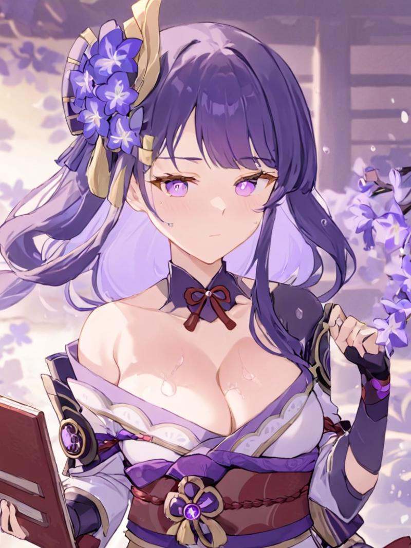 <lora:leishen3:1>,raiden_shogun, 1girl, mole, holding, hair_ornament, japanese_clothes, solo, looking_at_viewer, bridal_gauntlets, breasts, cleavage, sash, purple_flower, shoulder_armor, obi, armor, holding_book, vision_\(genshin_impact\), ribbon, sweatdrop, kimono, blunt_bangs, closed_mouth, book, long_sleeves, bow