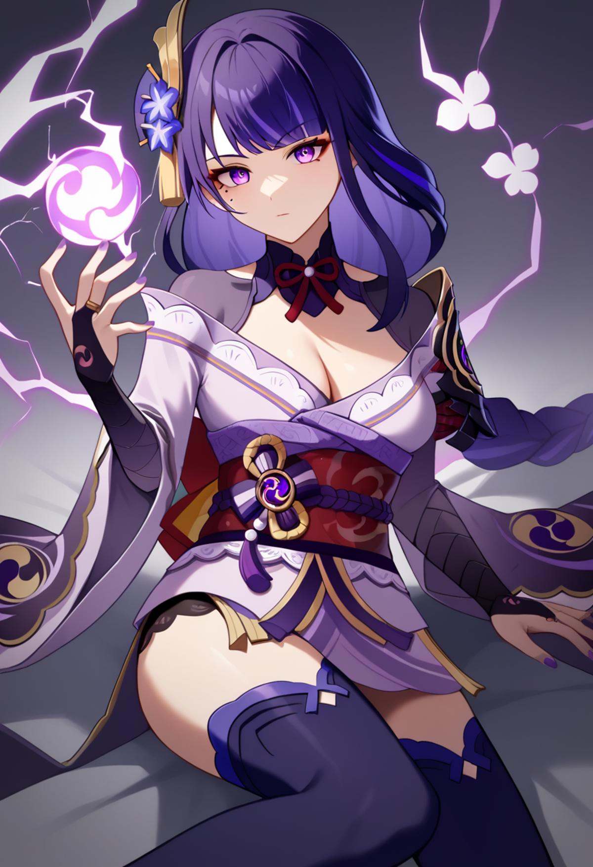 score_9,score_8_up,score_7_up,<lora:raiden_shogun_pony:1>,1girl, raiden_shogun_ckxl, solo, low-braided_long_hair, low-tied_long_hair, purple_hair, hair_ornament, medium_breasts, cleavage, highres, bridal_gauntlets, corrupted_twitter_file, electricity, looking_at_viewer, mole_under_eye, obiage, obijime, purple_eyes, purple_flower, purple_kimono, purple_nails, purple_thighhighs