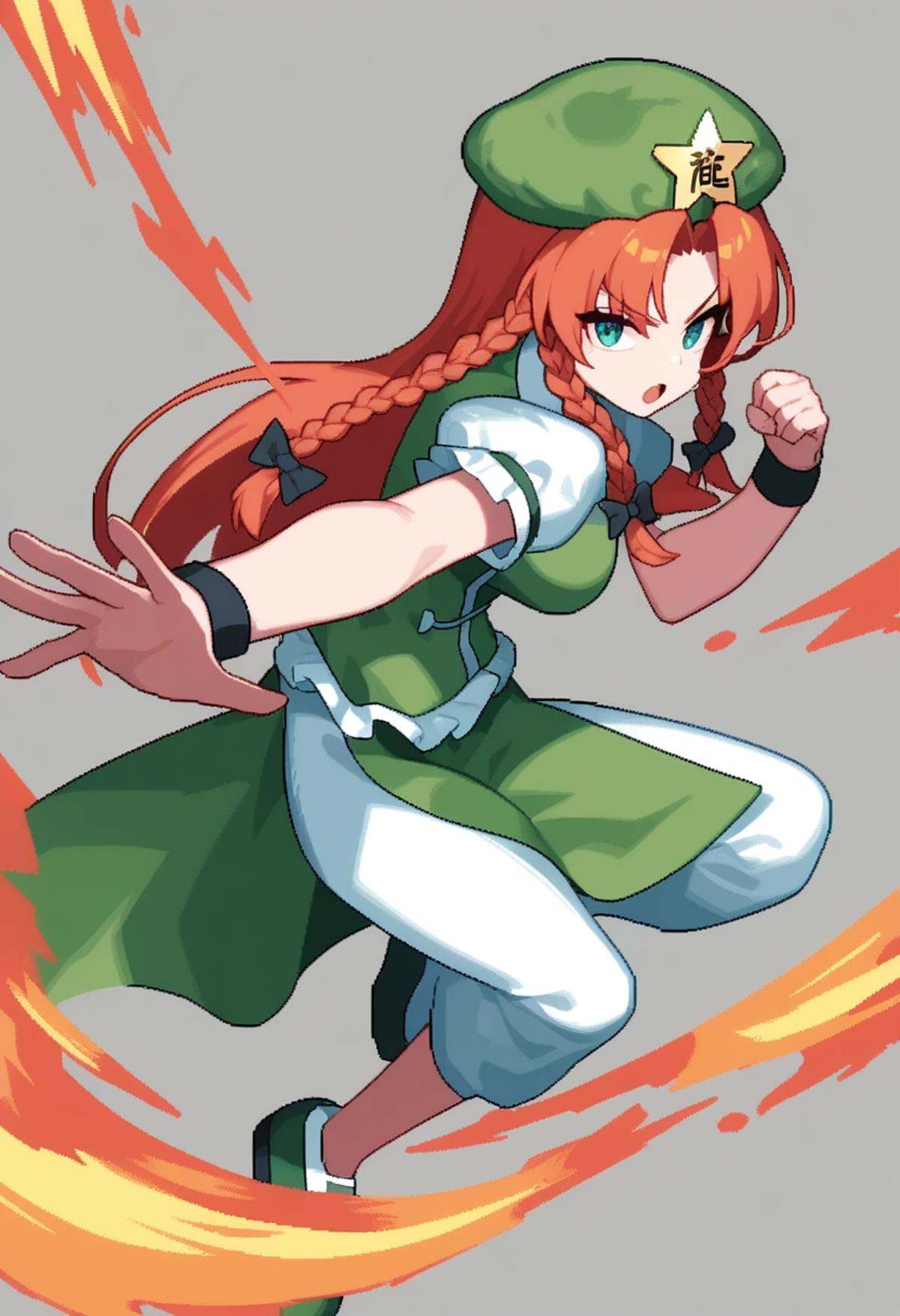 masterpiece,best quality,very aesthetic,absurdres,<lora:hong_meiling:1>,full_body,solo,star_hat_ornament,short_sleeves,animated,twitter_username,video,idle_animation,shoes,hong_meiling,fighting_stance,green_shirt,grey_background,open_mouth,beret,green_hat,looping_animation,1girl,pixel_art,white_pants,green_skirt,