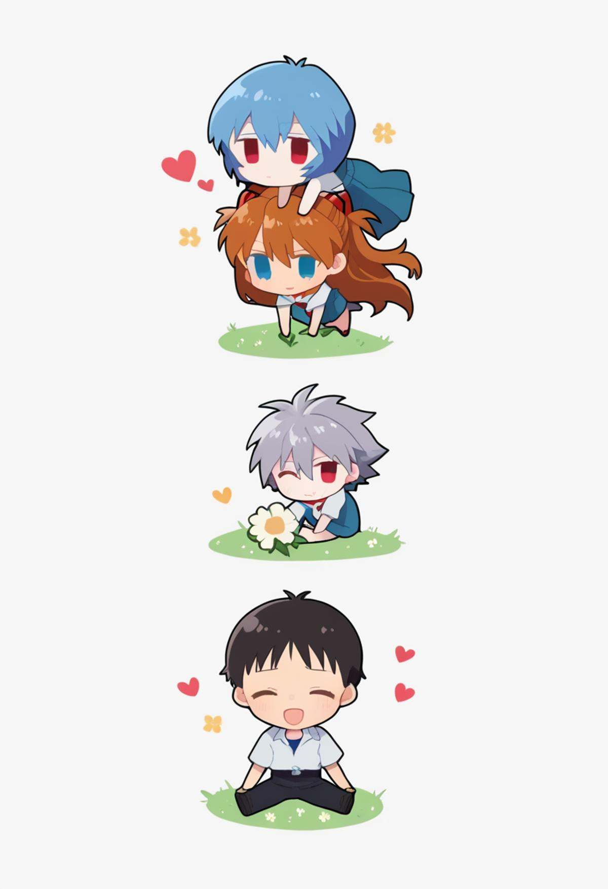 score_9,score_8_up,score_7_up,<lora:eva_pony:1>,2boys, 2girls, nagisa_kaworu, souryuu_asuka_langley, ikari_shinji, ayanami_rei, sad, flower, heart, tokyo-3_middle_school_uniform, one_eye_closed, simple_background, chibi, white_background