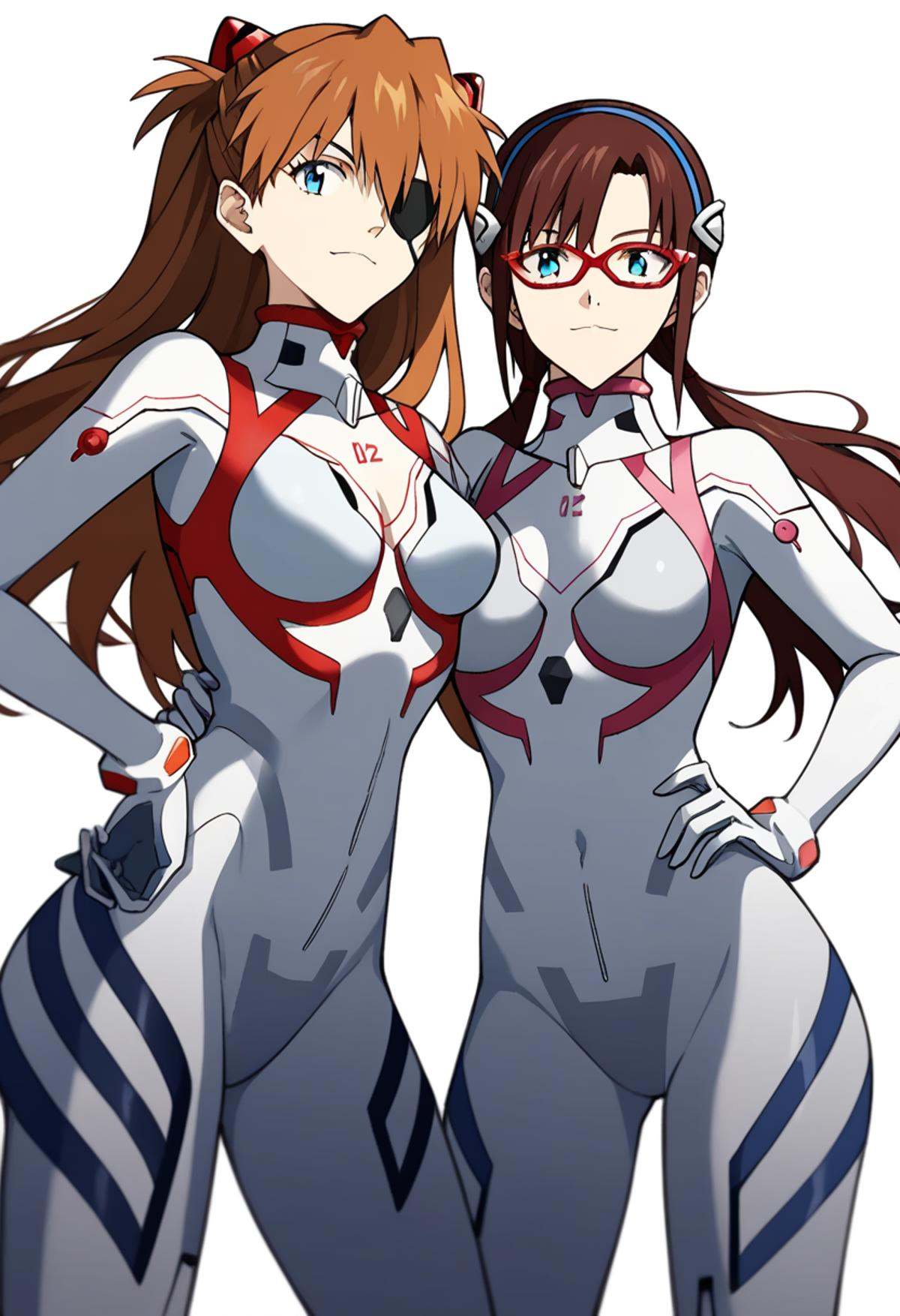 score_9,score_8_up,score_7_up,<lora:eva_pony:1>,2girls, souryuu_asuka_langley, makinami_mari_illustrious, science_fiction, cowboy_shot, standing, smile, expressionless, glasses, eyepatch, medium_breasts, plugsuit, under-rim_eyewear, closed_mouth, white_bodysuit, hand_on_own_hip, looking_at_viewer, interface_headset, simple_background, white_background, headgear, skin_tight, red-framed_eyewear, pilot_suit