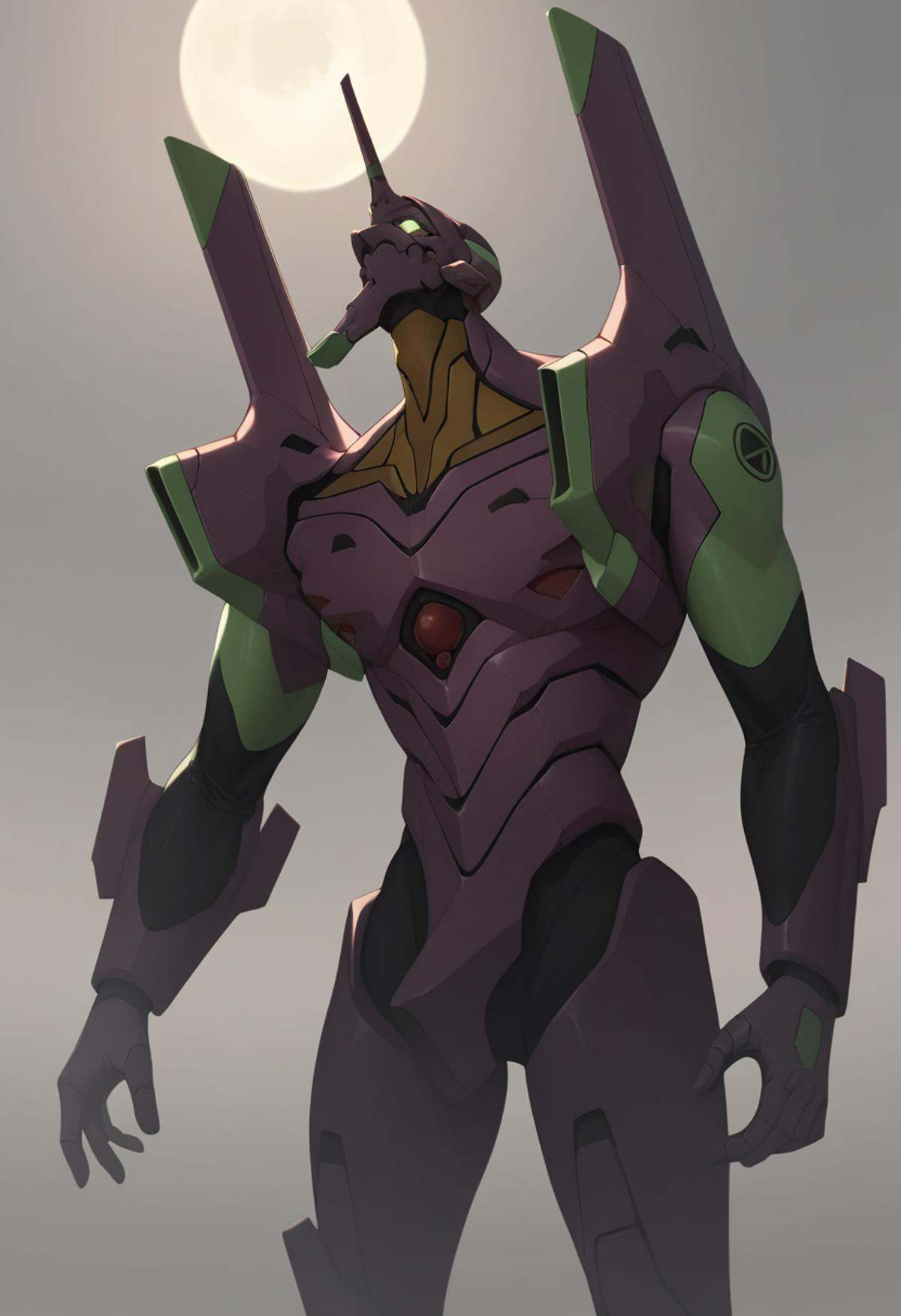 score_9,score_8_up,score_7_up,<lora:eva_pony:1>,no_humans, eva_02, solo, science_fiction, absurdres, highres, evangelion_\(mecha\), grey_sky