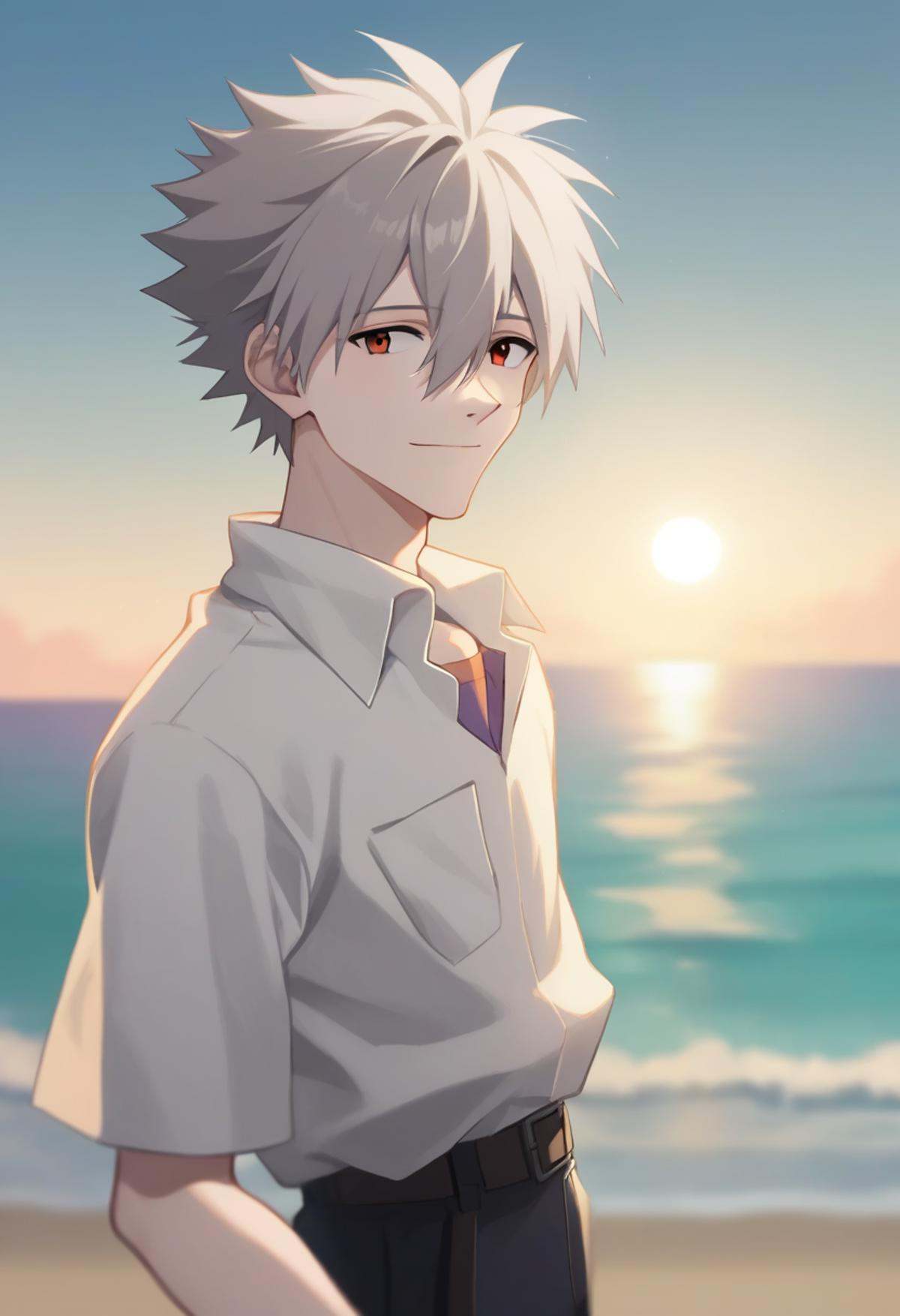 score_9,score_8_up,score_7_up,<lora:eva_pony:1>,1boy,nagisa_kaworu,solo,outdoors,upper_body,from_side,sad,pants,depth_of_field,highres,sky,twilight,horizon,silhouette,collared_shirt,looking_at_viewer,male_focus,looking_to_the_side,sun,school_uniform,light_smile,ocean,white_shirt,