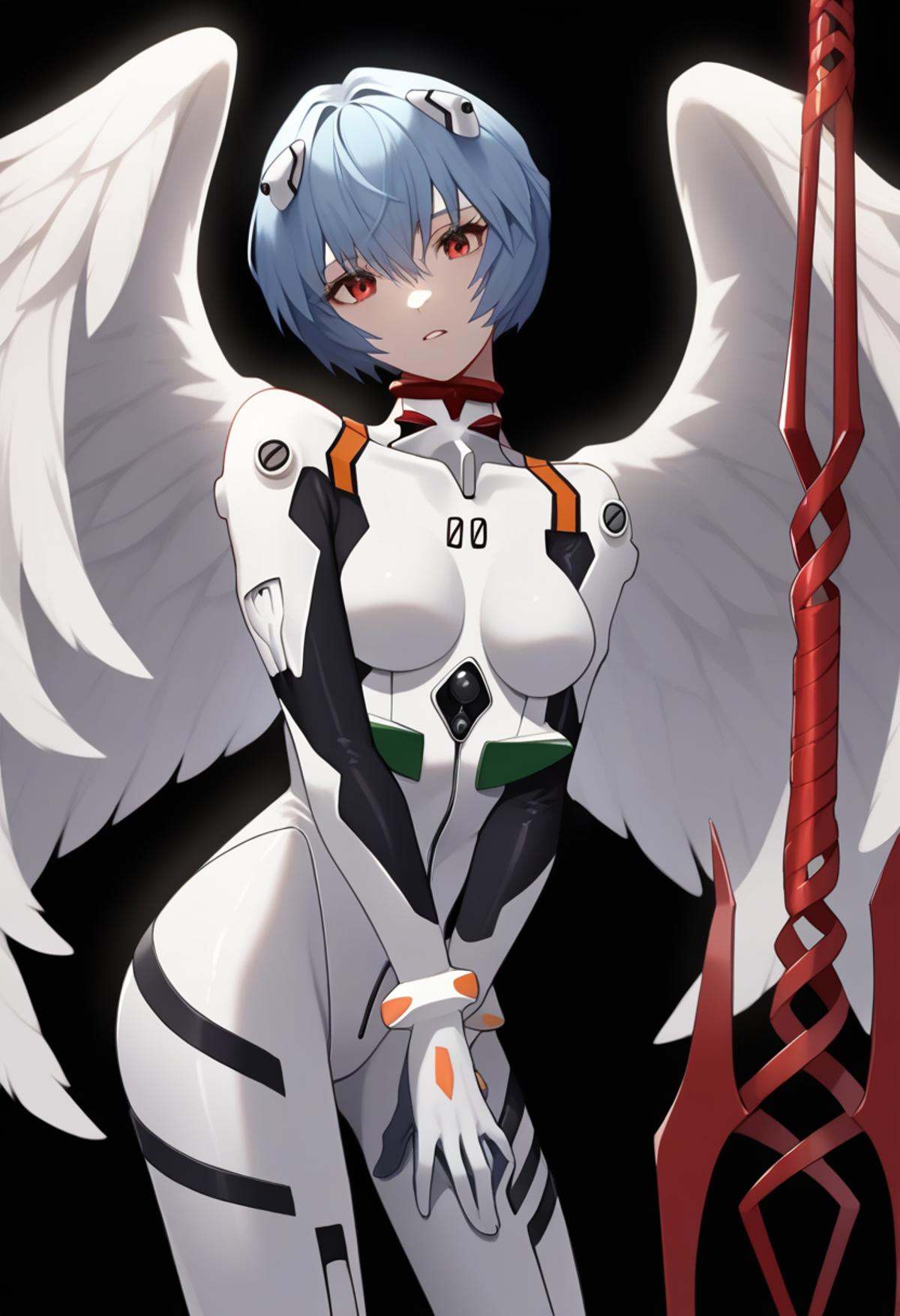 score_9,score_8_up,score_7_up,<lora:eva_pony:1>,1girl, ayanami_rei, angel_wings, solo, cowboy_shot, plugsuit, highres, lance_of_longinus_\(evangelion\), white_bodysuit, scar_on_neck, commentary, torn_bodysuit, hand_on_own_chest, looking_at_viewer, interface_headset, simple_background, white_wings, bident, head_tilt, polearm, hairpods, feathered_wings, hand_between_legs, black_background, parted_lips