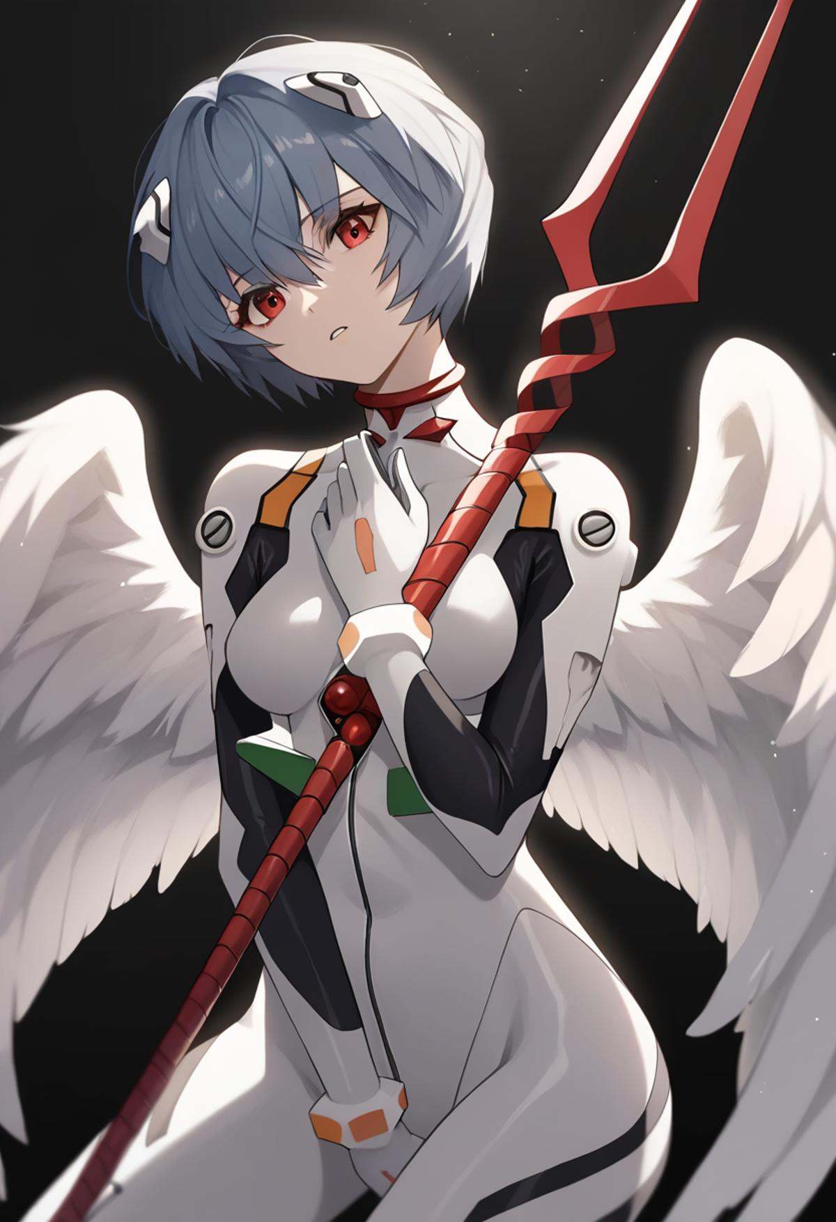 score_9,score_8_up,score_7_up,<lora:eva_pony:1>,1girl, ayanami_rei, angel_wings, solo, cowboy_shot, plugsuit, highres, lance_of_longinus_\(evangelion\), white_bodysuit, scar_on_neck, commentary, torn_bodysuit, hand_on_own_chest, looking_at_viewer, interface_headset, simple_background, white_wings, bident, head_tilt, polearm, hairpods, feathered_wings, hand_between_legs, black_background, parted_lips