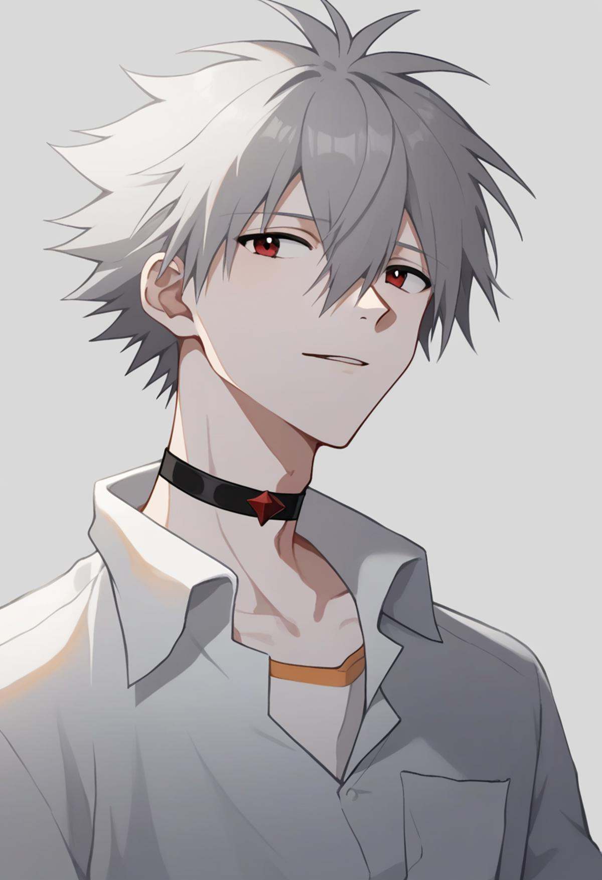 score_9,score_8_up,score_7_up,<lora:eva_pony:1>,1boy, nagisa_kaworu, solo, highres, black_choker, albino, tokyo-3_middle_school_uniform, :3, simple_background, male_focus, white_shirt