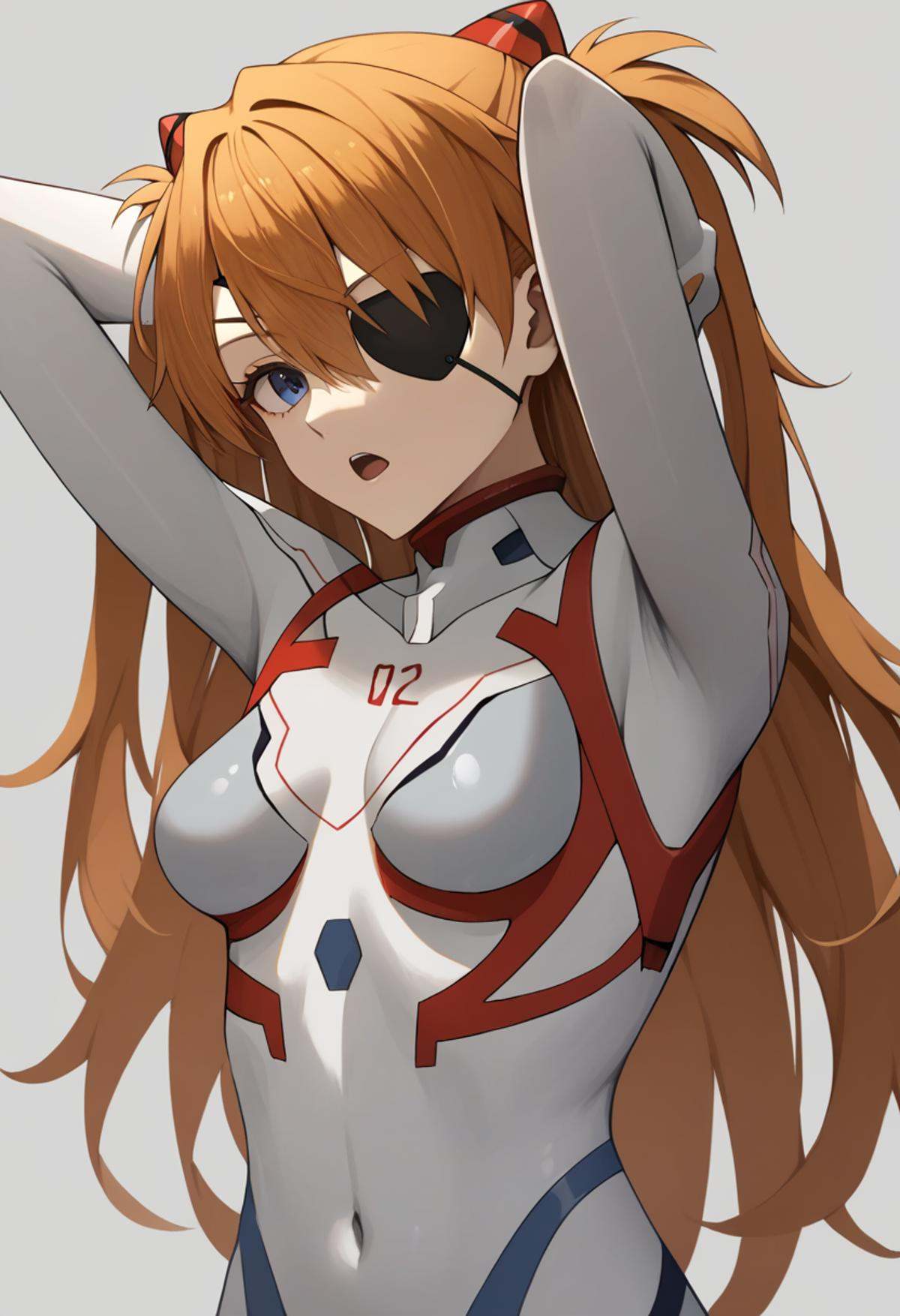 score_9,score_8_up,score_7_up,<lora:eva_pony:1>,1girl, souryuu_asuka_langley, solo, eyepatch, medium_breasts, plugsuit, absurdres, highres, looking_at_viewer, arms_behind_head, grey_background, open_mouth, simple_background, commentary