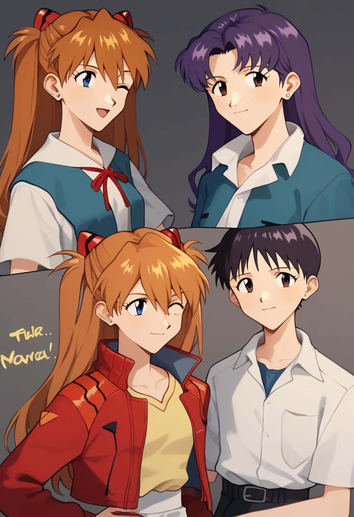 score_9,score_8_up,score_7_up,<lora:eva_pony:1>,1boy, 2girls, ikari_shinji, souryuu_asuka_langley, katsuragi_misato, smile, earrings, absurdres, highres, closed_mouth, white_skirt, shared_shirt, tokyo-3_middle_school_uniform, star_\(symbol\), interface_headset, red_jacket, one_eye_closed, cross, yellow_shirt, english_text