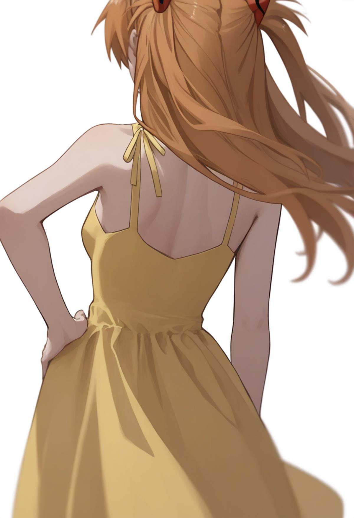 score_9,score_8_up,score_7_up,<lora:eva_pony:1>,1girl, souryuu_asuka_langley, solo, upper_body, from_behind, standing, breasts, depth_of_field, highres, hands_on_own_hips, sundress, bare_shoulders, hand_on_own_hip, interface_headset, simple_background, white_background, blurry_background, yellow_dress, facing_away, textless_version