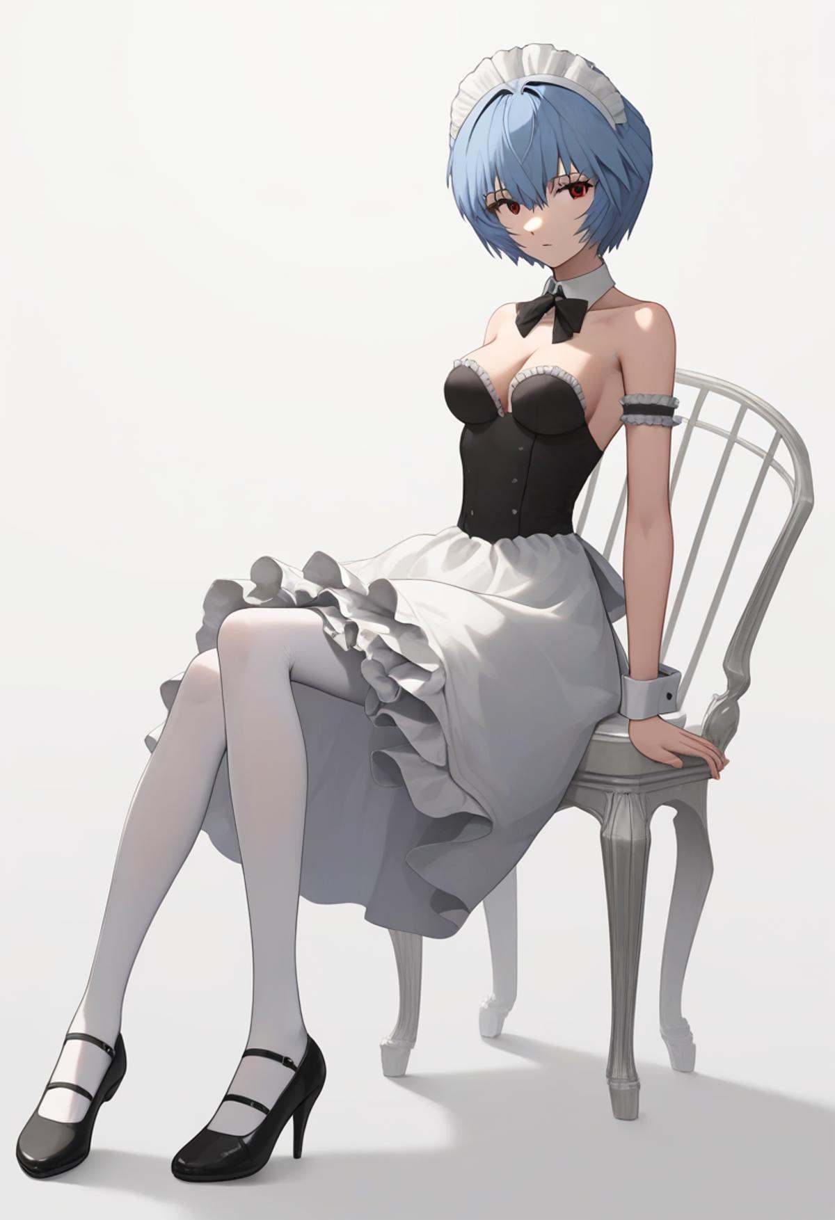score_9,score_8_up,score_7_up,<lora:eva_pony:1>,1girl, ayanami_rei, maid_headdress, solo, portrait_\(object\), full_body, sitting, medium_breasts, cleavage, enmaided, absurdres, highres, wrist_cuffs, detached_collar, looking_at_viewer, black_footwear, white_background, white_pantyhose, leaning_forward, black_dress
